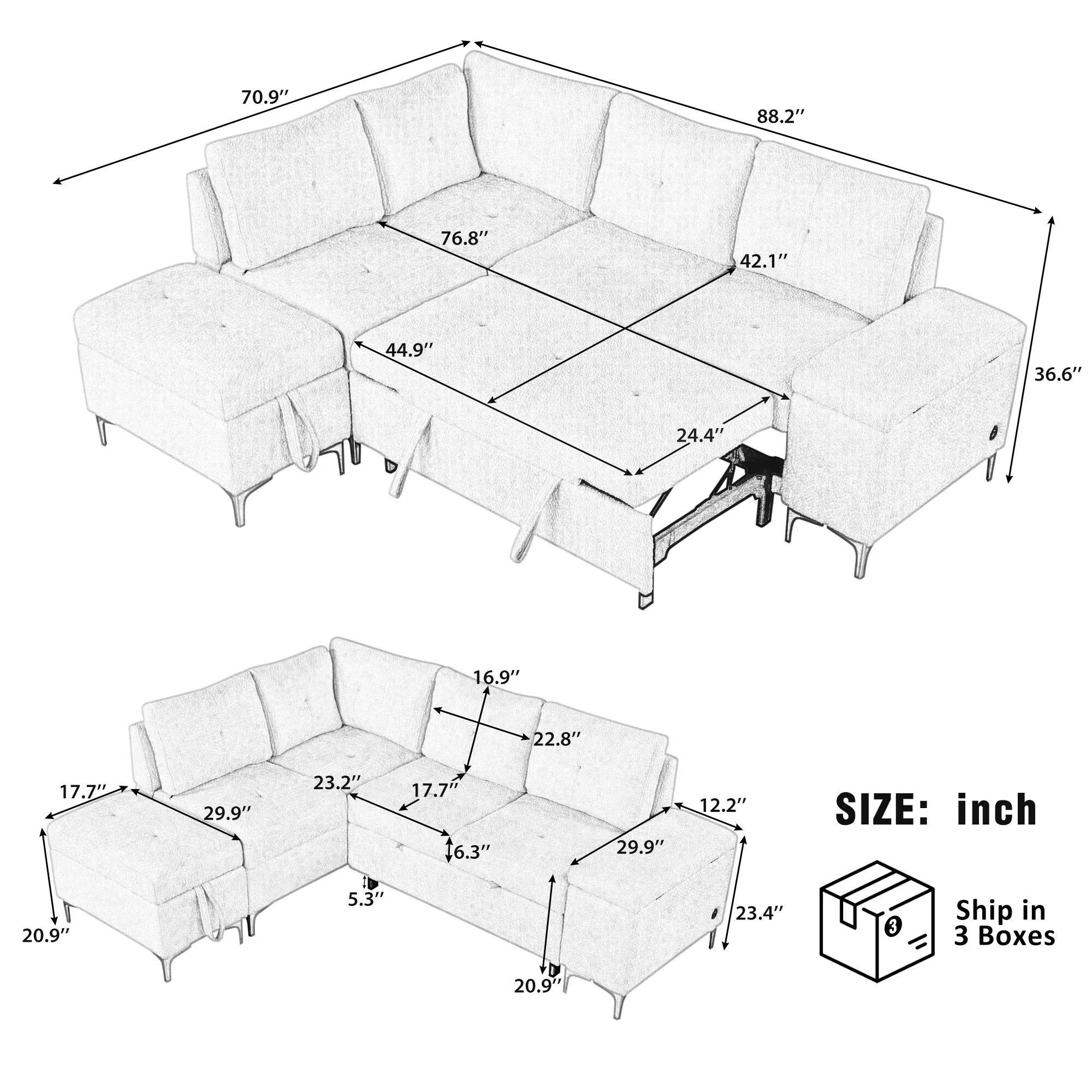 88.2 Chenille L-Shaped Sofa with Bed, Storage, Cup Holders, USB