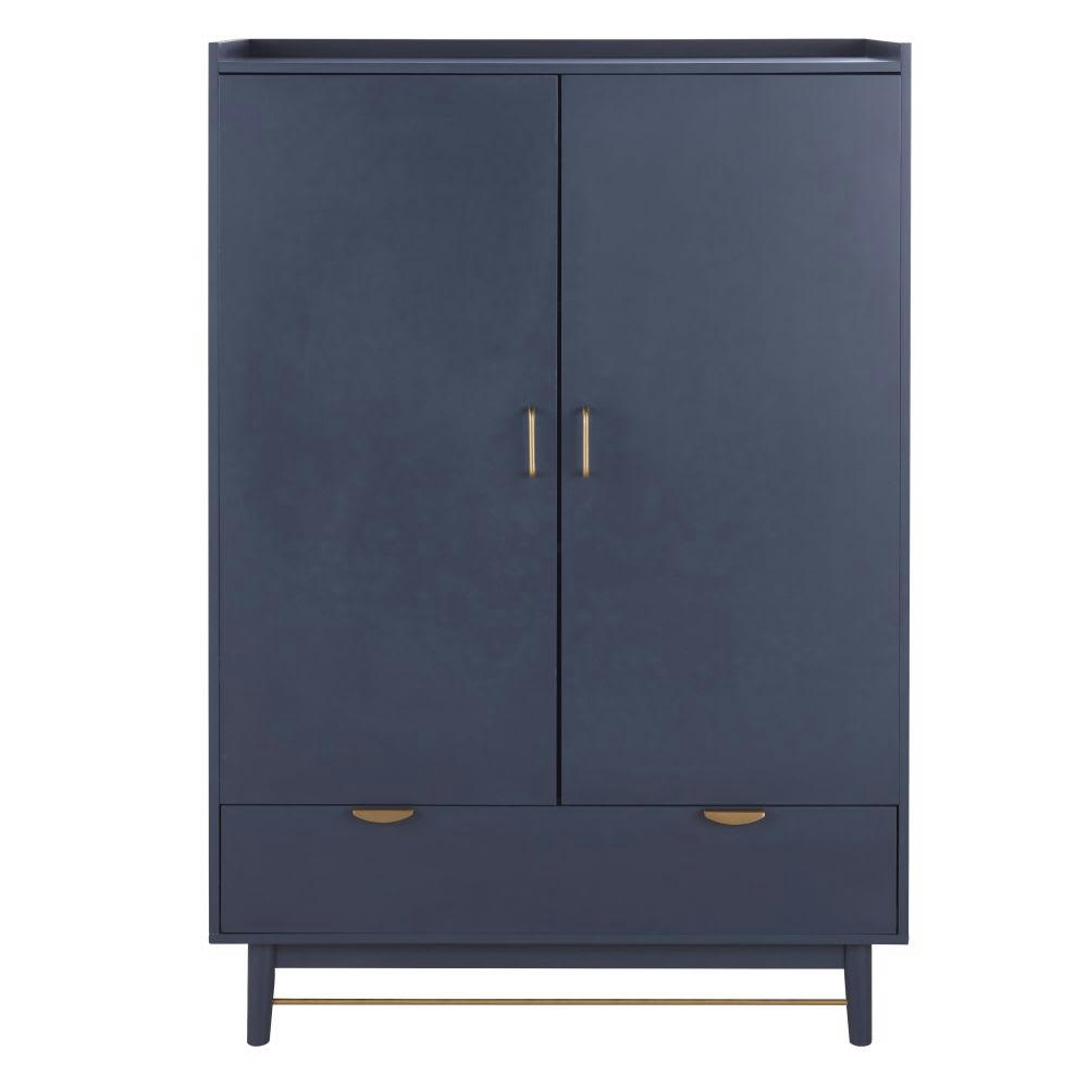 Penelope - Armoire 2 portes 1 tiroir bleu et métal finition laiton