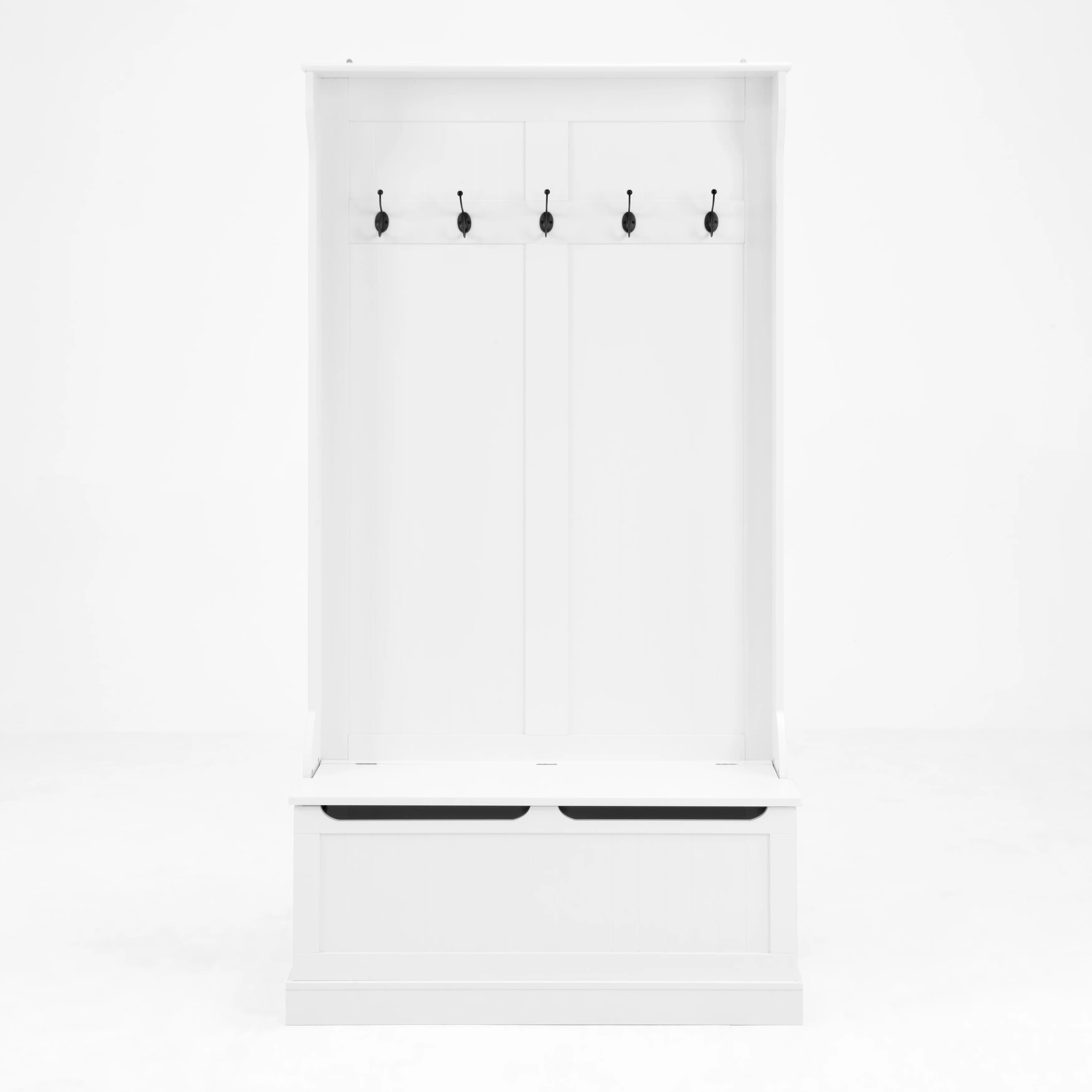 Modern Style Coat Rack with Entryway Bench, Shoe Cabinet, 5 Hooks, Space Saving, for Entryway and Hallway, White