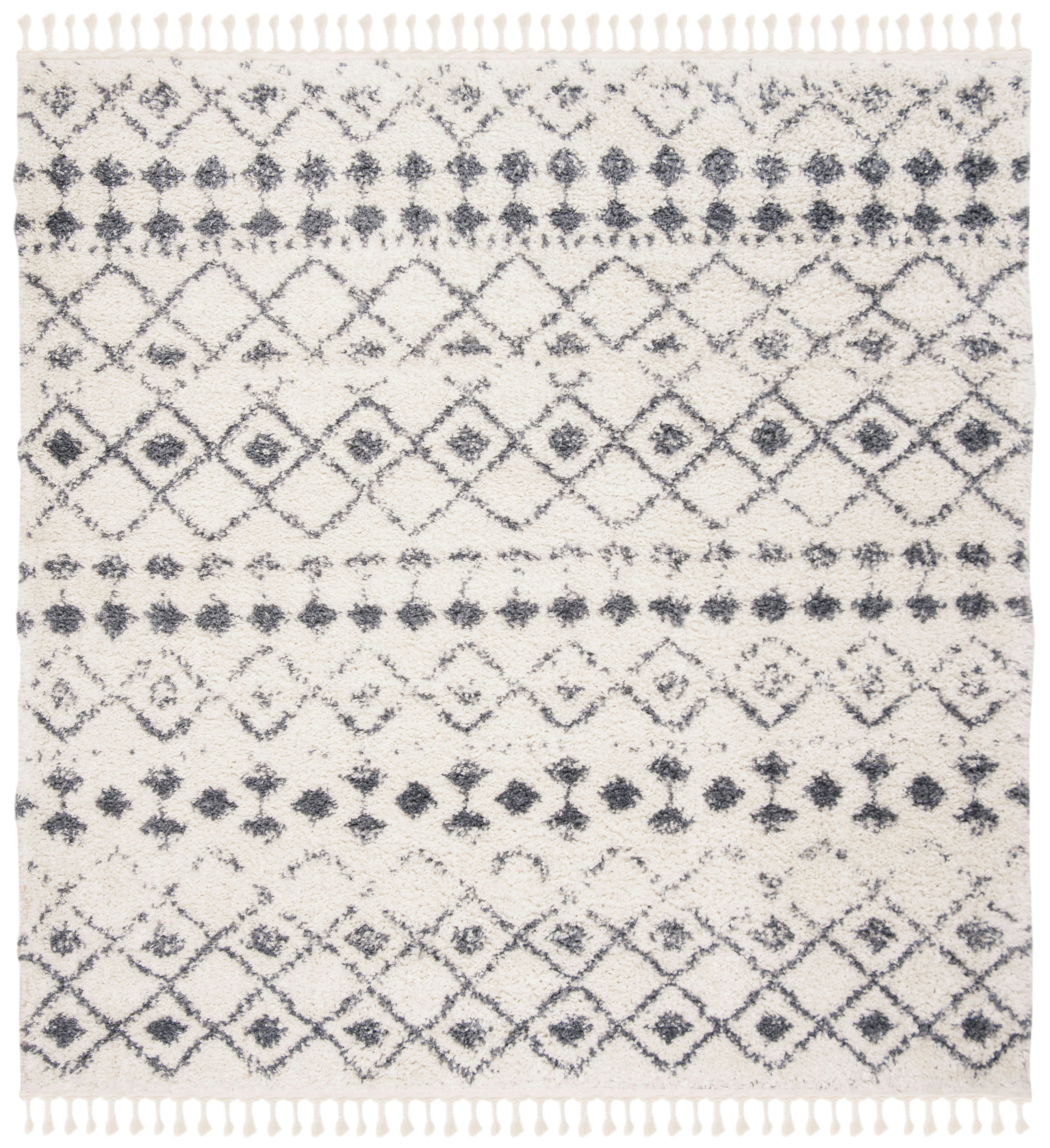 BERBER FRINGE SHAG - Tapis de salon interieur en crème & gris fonce, 201 x 201 cm