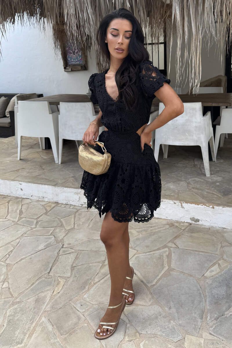 AX Paris Black Crochet Overlay Cut Out Tiered Mini Dress