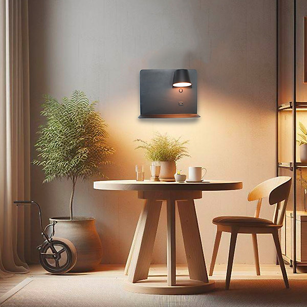 Applique LED en Aluminium Noir Orientable de 6W 2800K avec Interrupteur Base de Charge Grande et Port USB.
