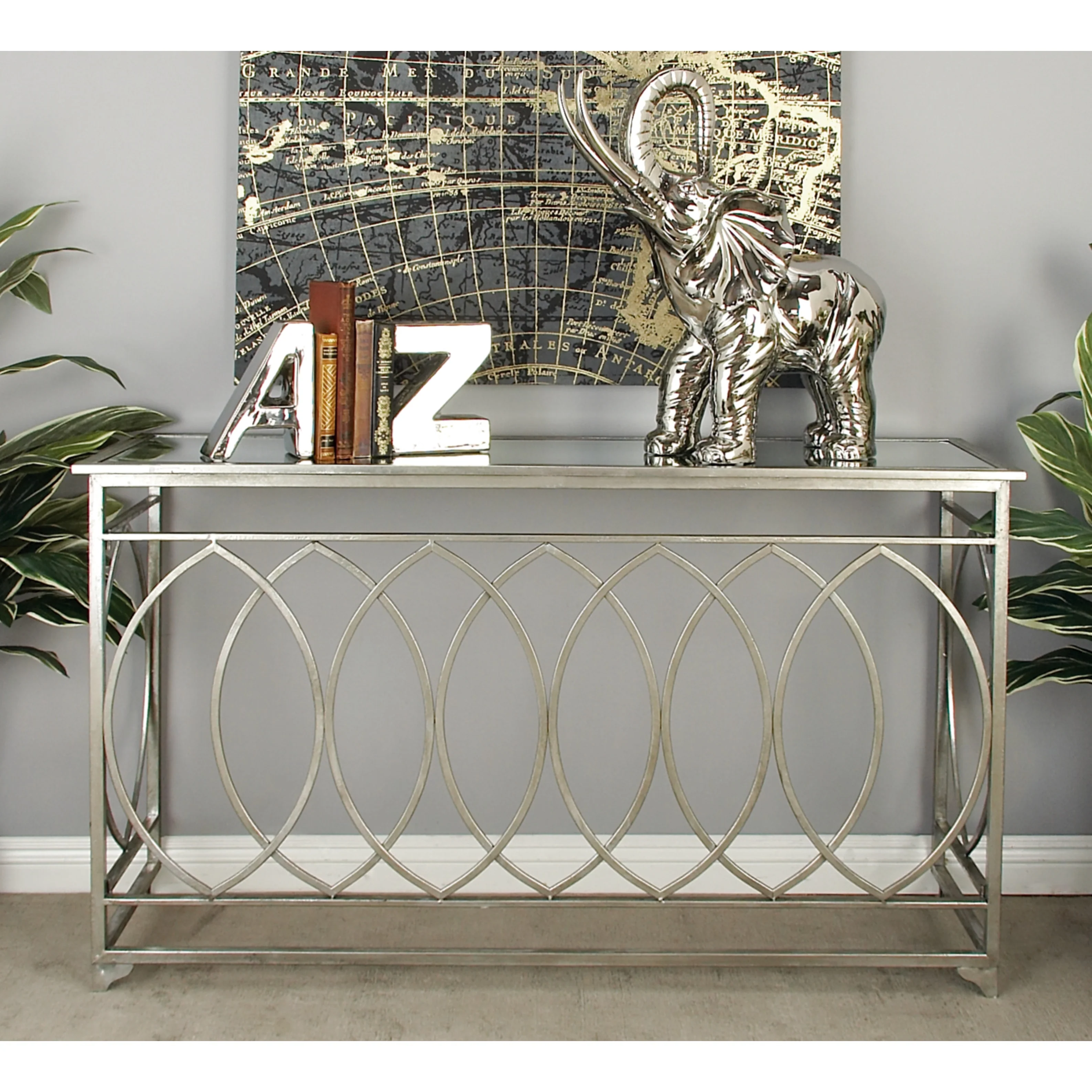 Metal Geometric Console Table with Mirrored Glass Top - Silver - Roche River Decor - 16Wx54Lx32H