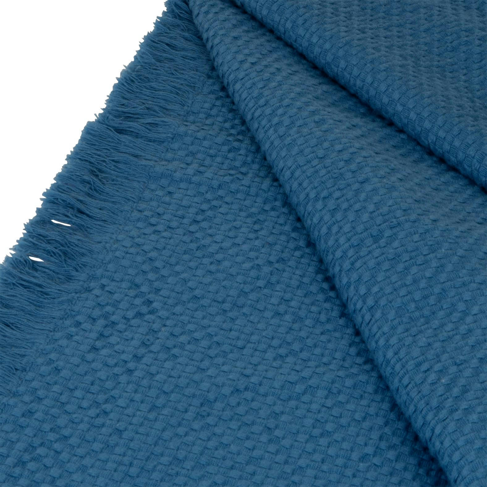 IRAJA - Plaid uni tissé en coton gaufré bleu à franges 170x130