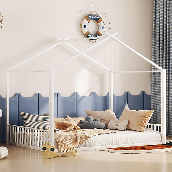Lit Cabane 140x200 cm - Lit enfant avec Sommier à Lattes - Métal - Sans Matelas - Blanc