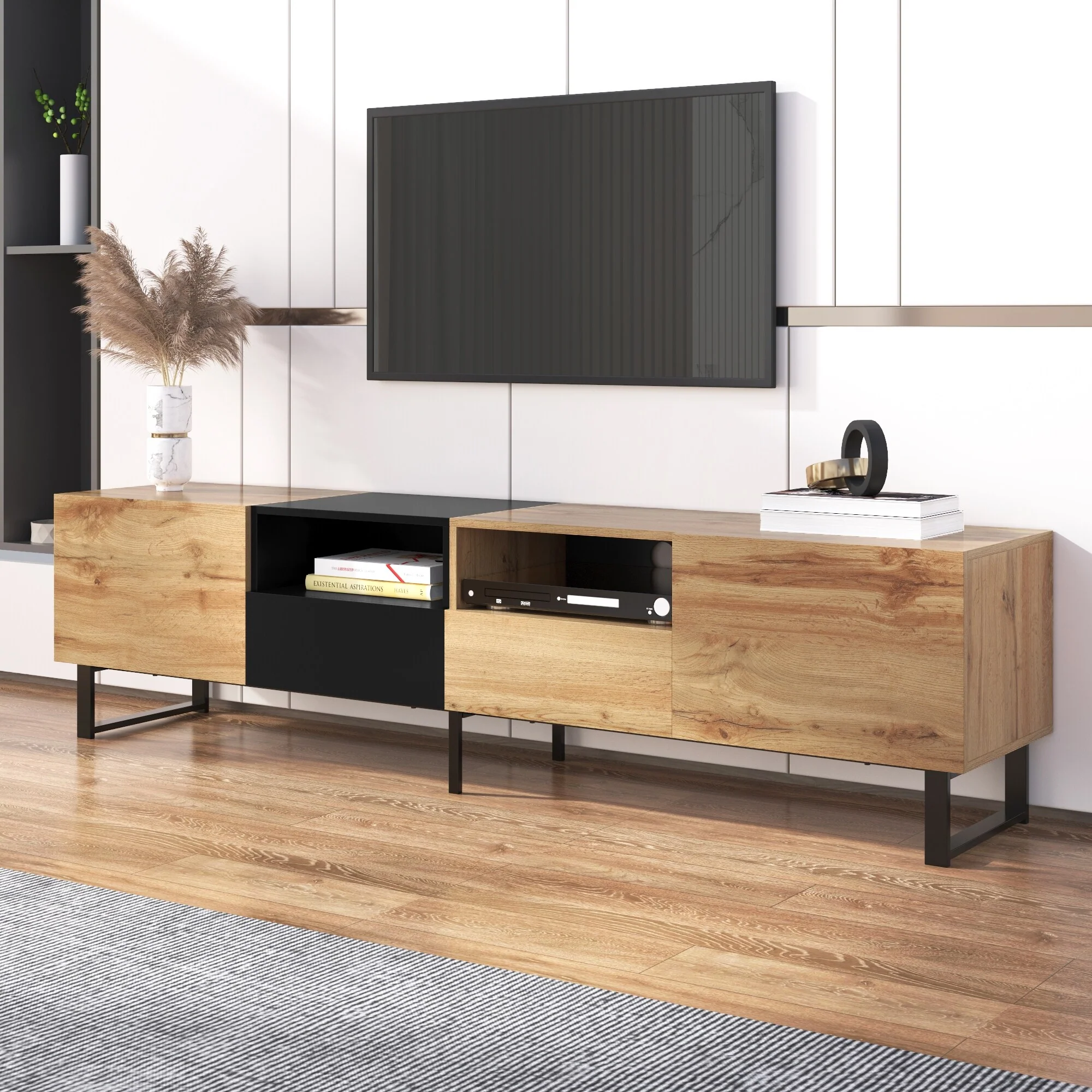 Natural+Black 74.8 TV Stand with Drop Down Door, 2 Cabinets and Open Storage Compartment for TVs Up to 85