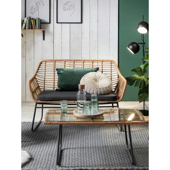 Sitzgruppe, polyrattan|metall|sicherheitsglas, natur|grau|schwarz