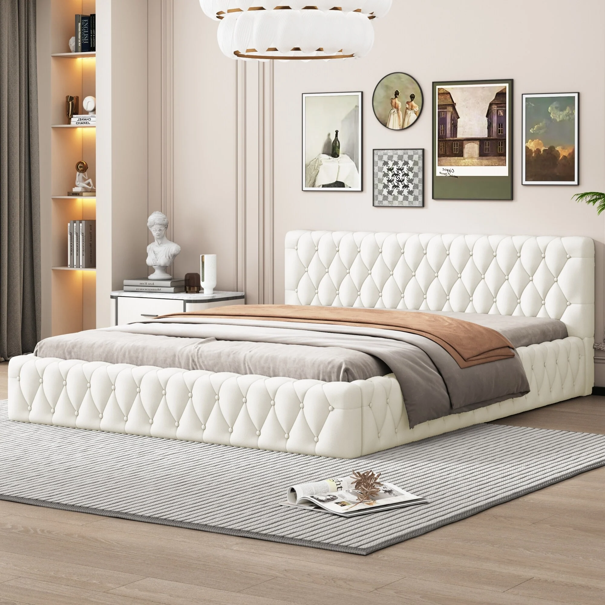 Modern Velvet Platform Bed, Queen Size with Luxurious Upholstery