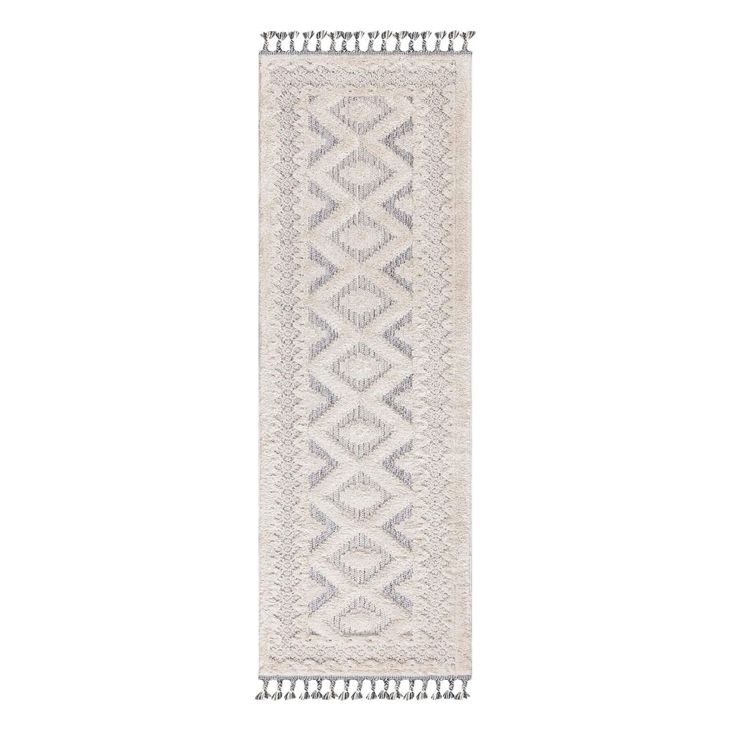 BOHOUSE - Tapis bohème chic à franges tressées crème et gris 80x300cm