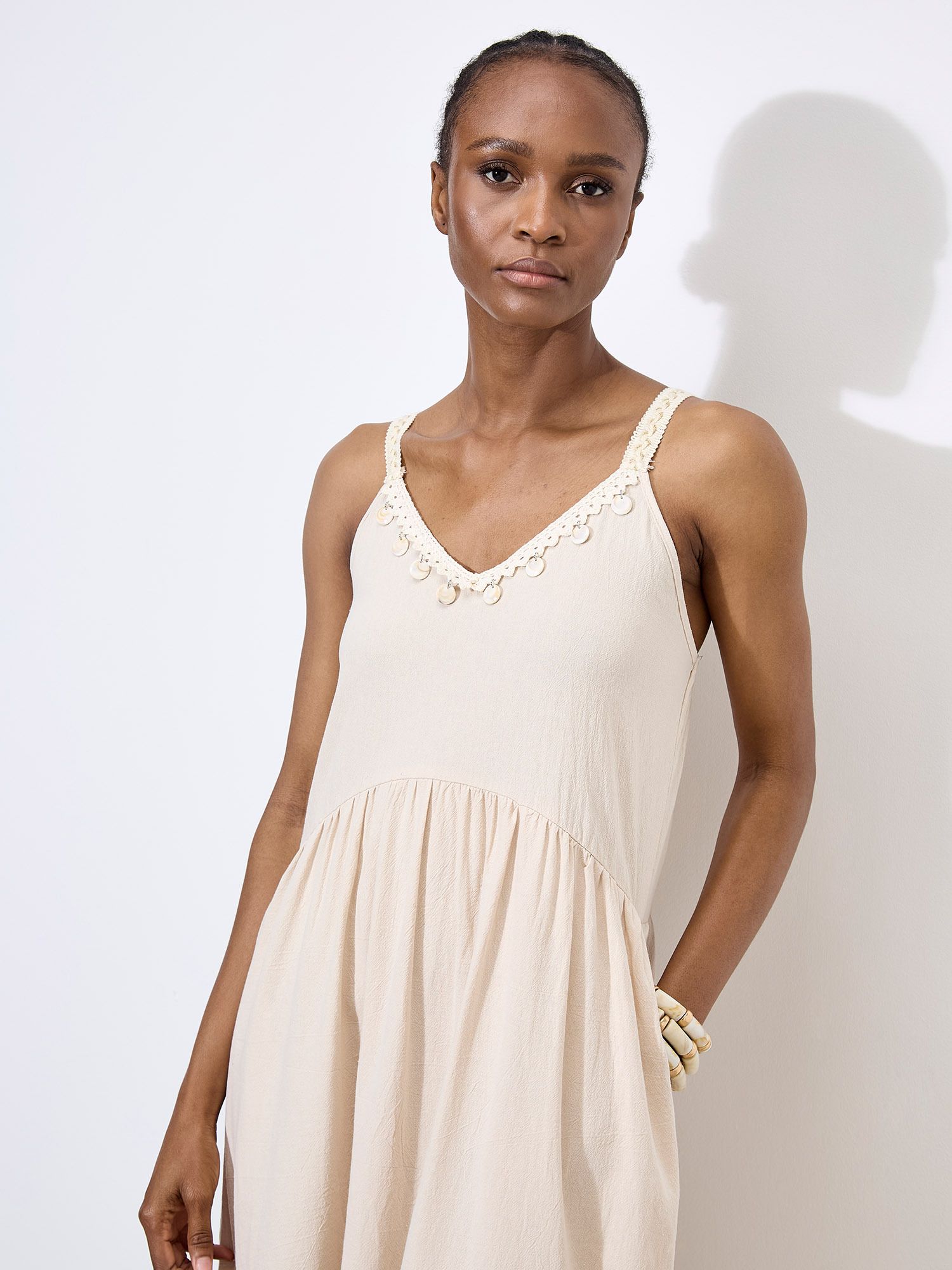 Apricot Bead Embellished Cotton Midaxi Dress