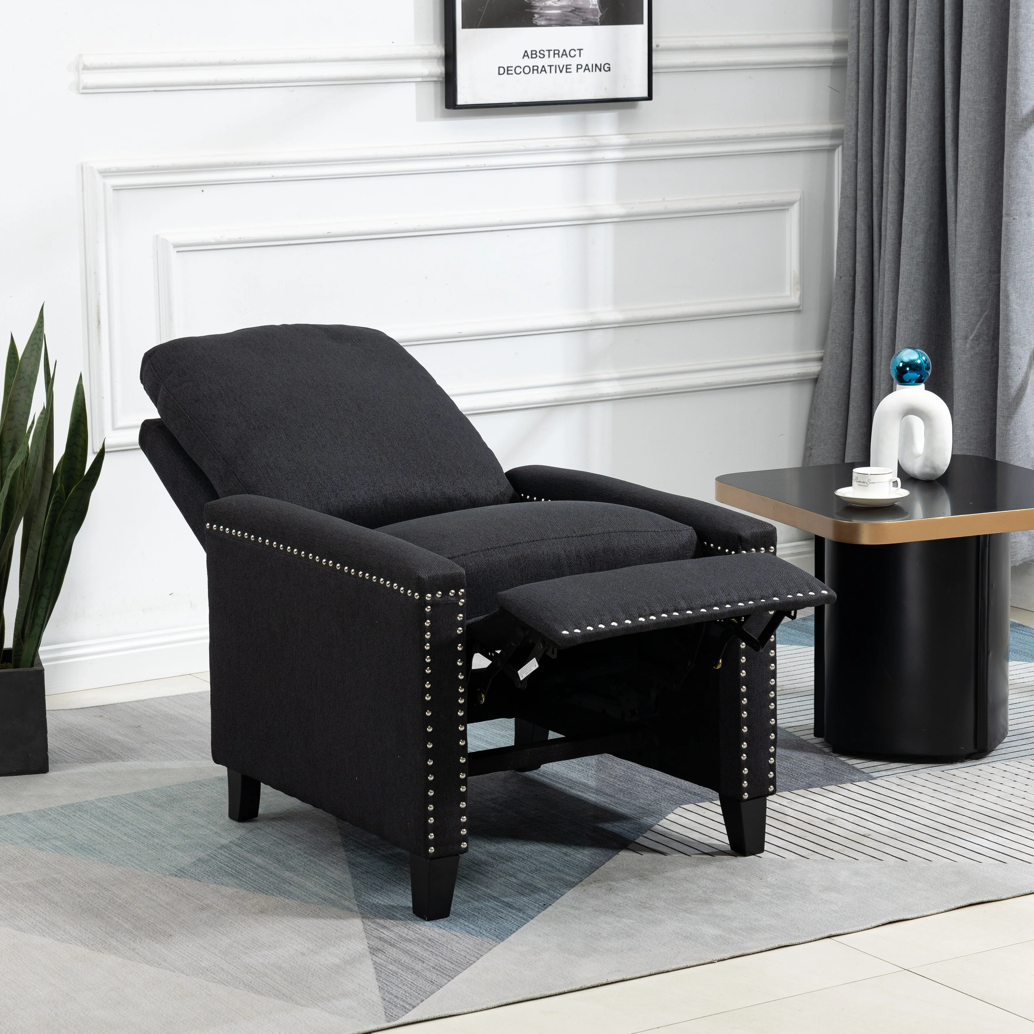Black Modern Velvet Manual Recliner with Cushions and Nailhead Decoration