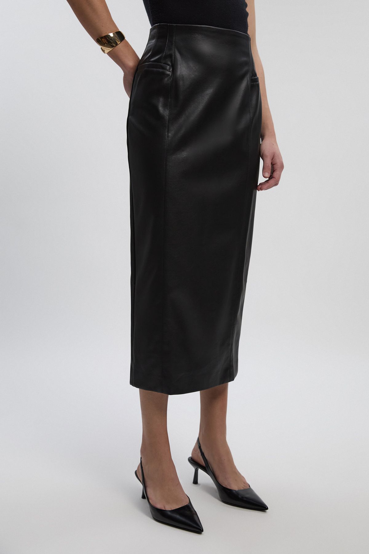 KarenMillen Petite Faux Leather Seam Waist Detail Pencil Midi Skirt