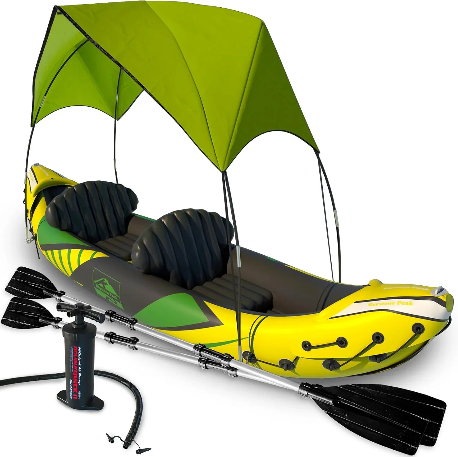 Inflatable Kayak 2 Person with Sun Canopy (Detachable) + Kayaks for Adults + 3rd Seat for Dog/Child + Waterproof Phone Bags + Adjustable Seats + Kayak + Backrests  More + New 2024 + Yellow Green