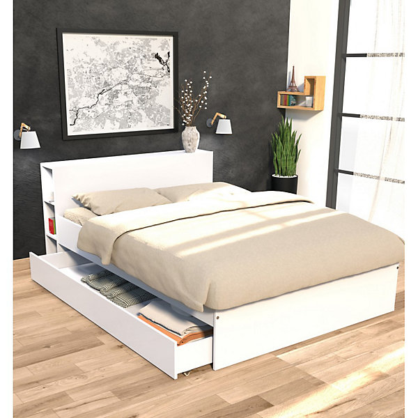 Lit 2 places 140x190cm Blanc ROGO inclus sommier et tete de lit avec étageres et 1 tiroir