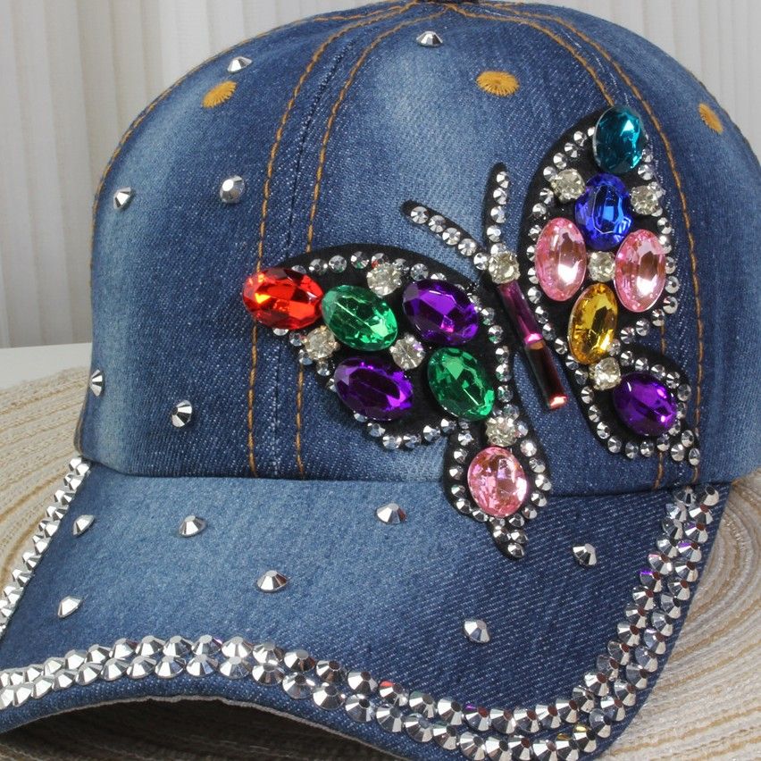 PEACH ACCESSORIES Denim Cap with Vibrant Butterfly Rhinestone Design