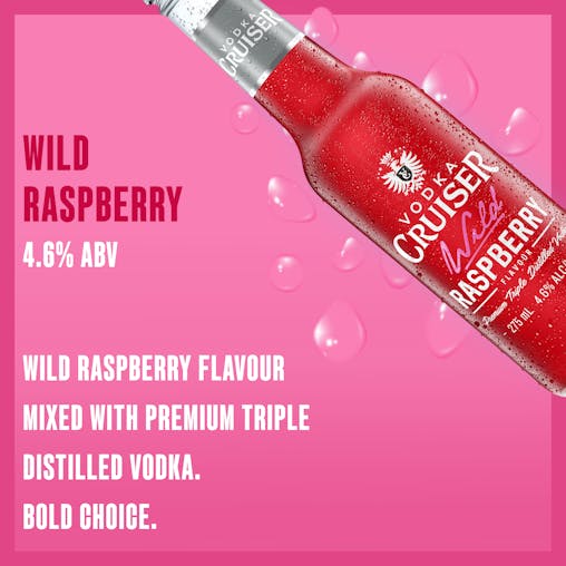 Vodka Cruiser Wild Raspberry, Refreshing Flavoured Pre-Mixed Vodka Drink, 4.6% ABV, 275mL (Case of 24 Bottles)