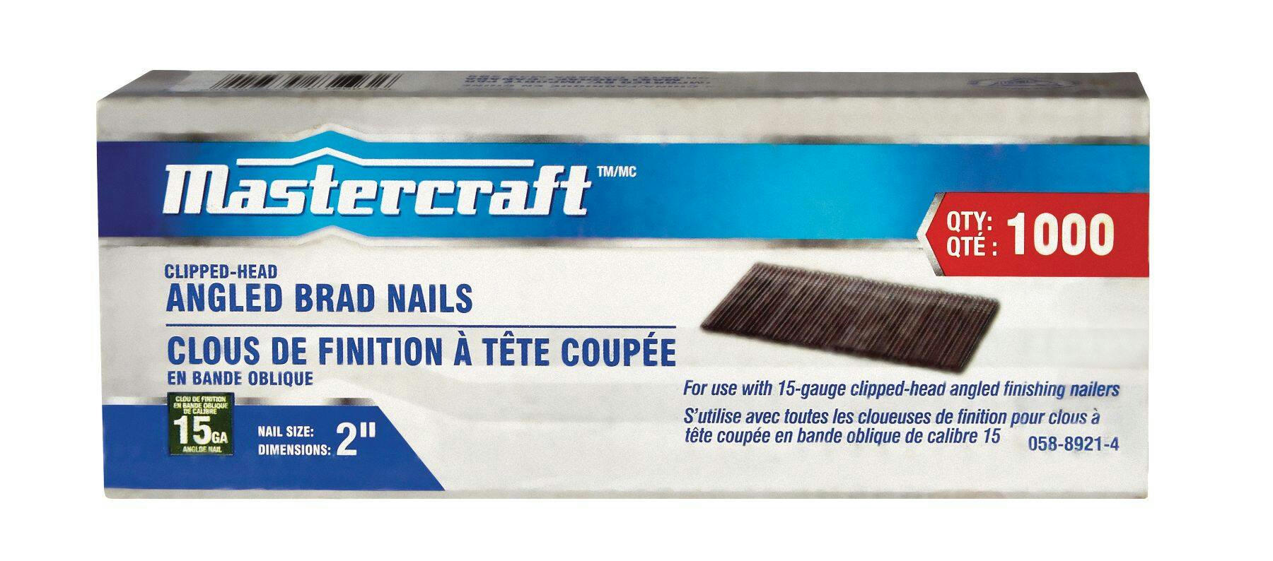 Mastercraft 15-Gauge Clipped-Head Angled Brad Nails, 2-in, 1000-pc