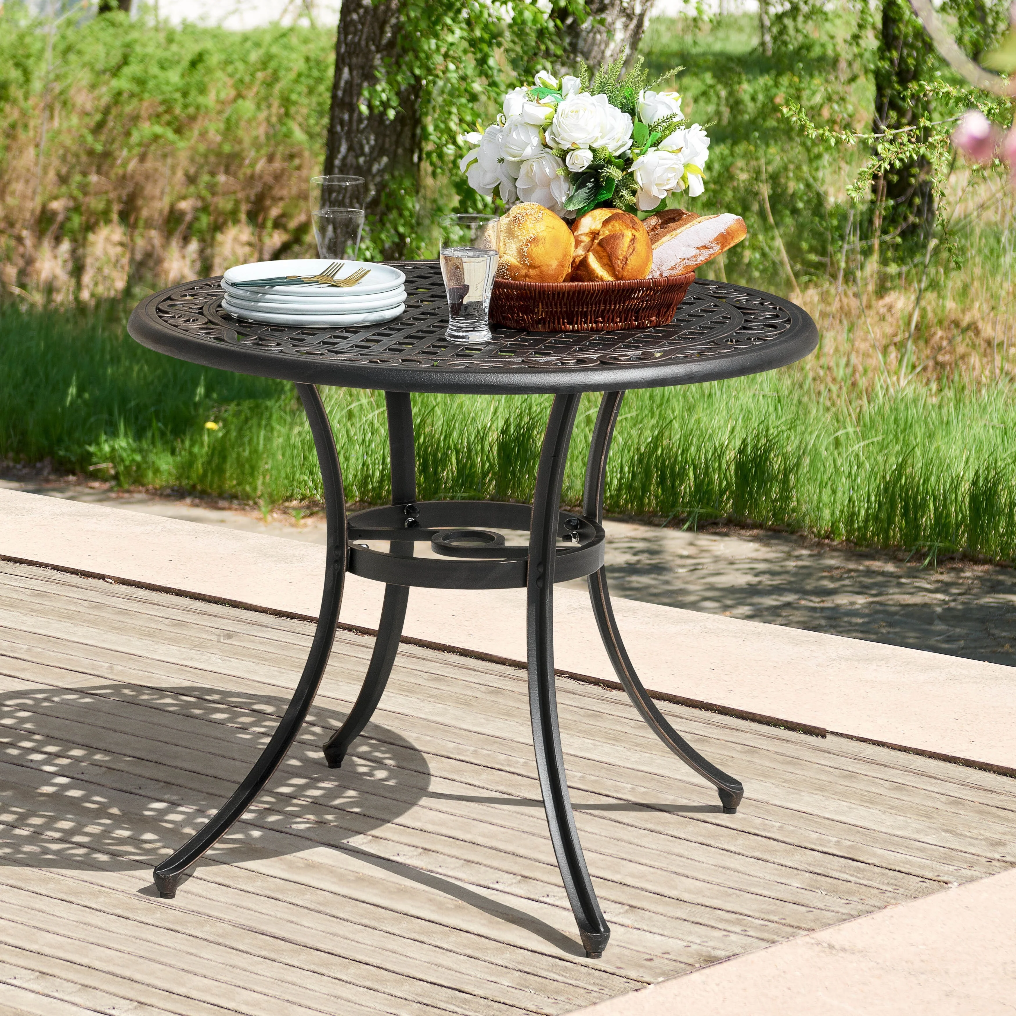 Outdoor Round Cast Aluminum Dining Table with Umbrella Hole