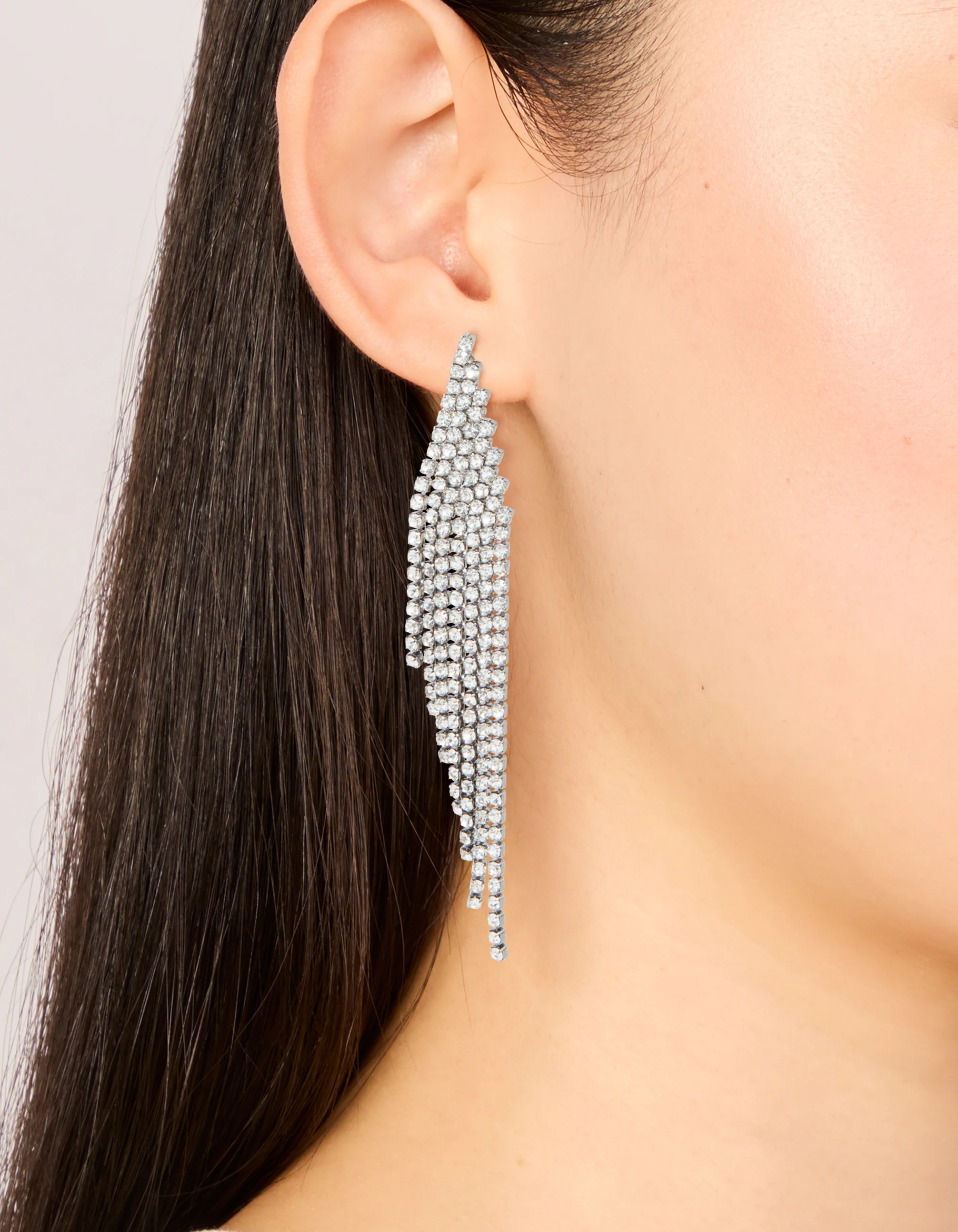 Gunmetal Silver Diamante Slanted Cup Chain Earrings