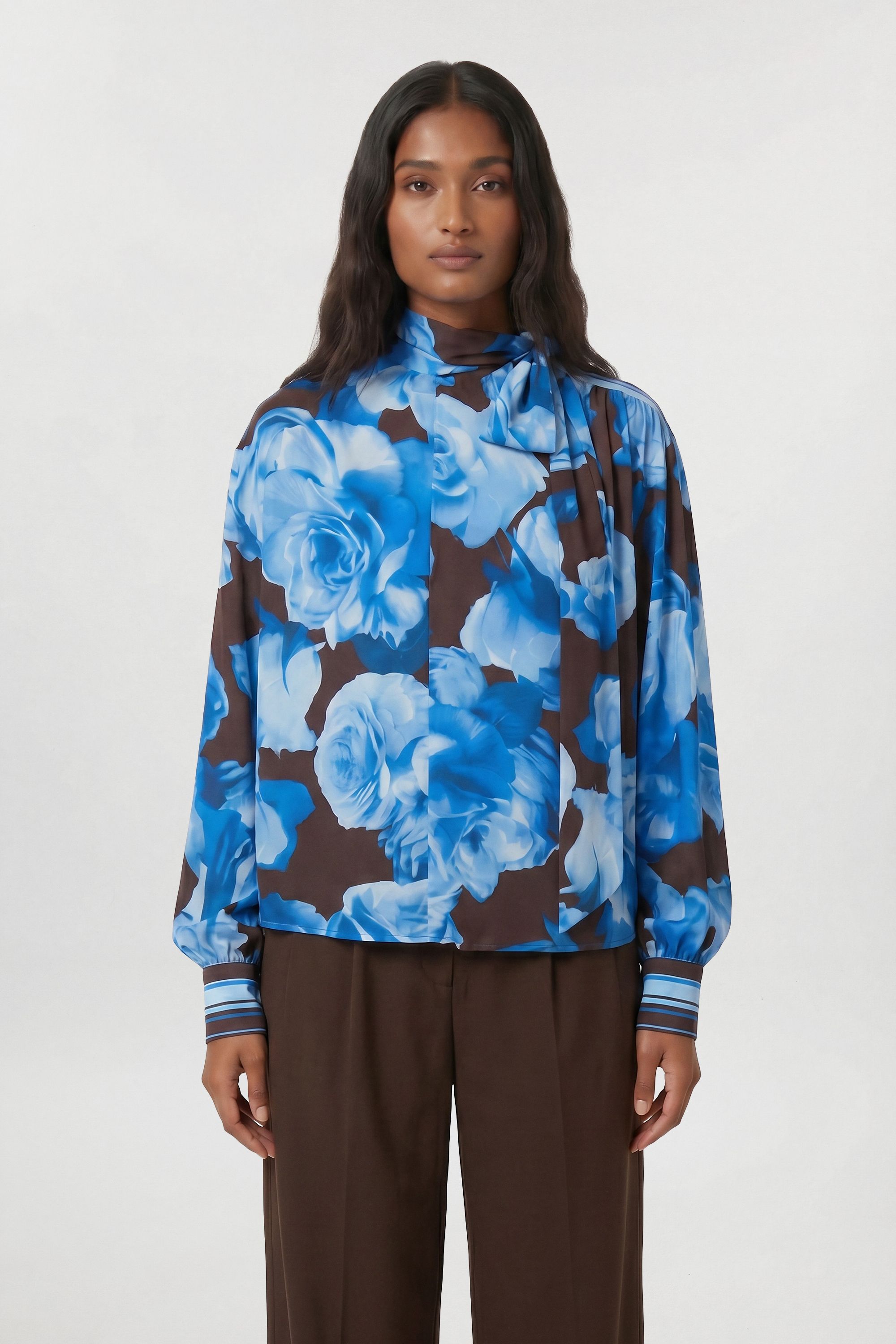 KarenMillen Viscose Woven Stripe Contrast Blue Floral Blouse