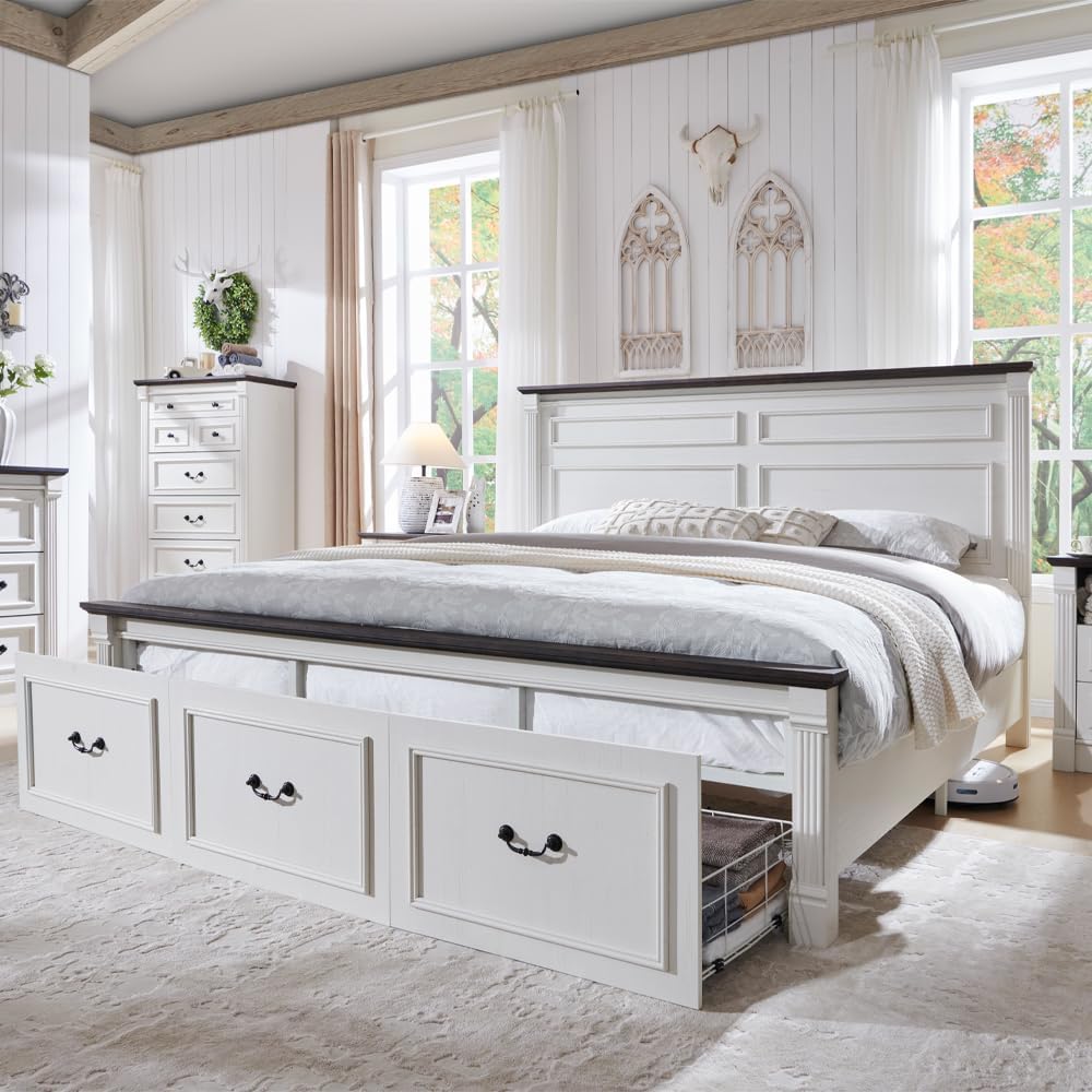 Farmhouse King Size Bed Frame with 51 Tall Headboard, Wood Platform Bed Frame with 20 Tall Roman Column Decoration Footboard & 3 Large Storage Drawers, No Box Spring Needed (White)