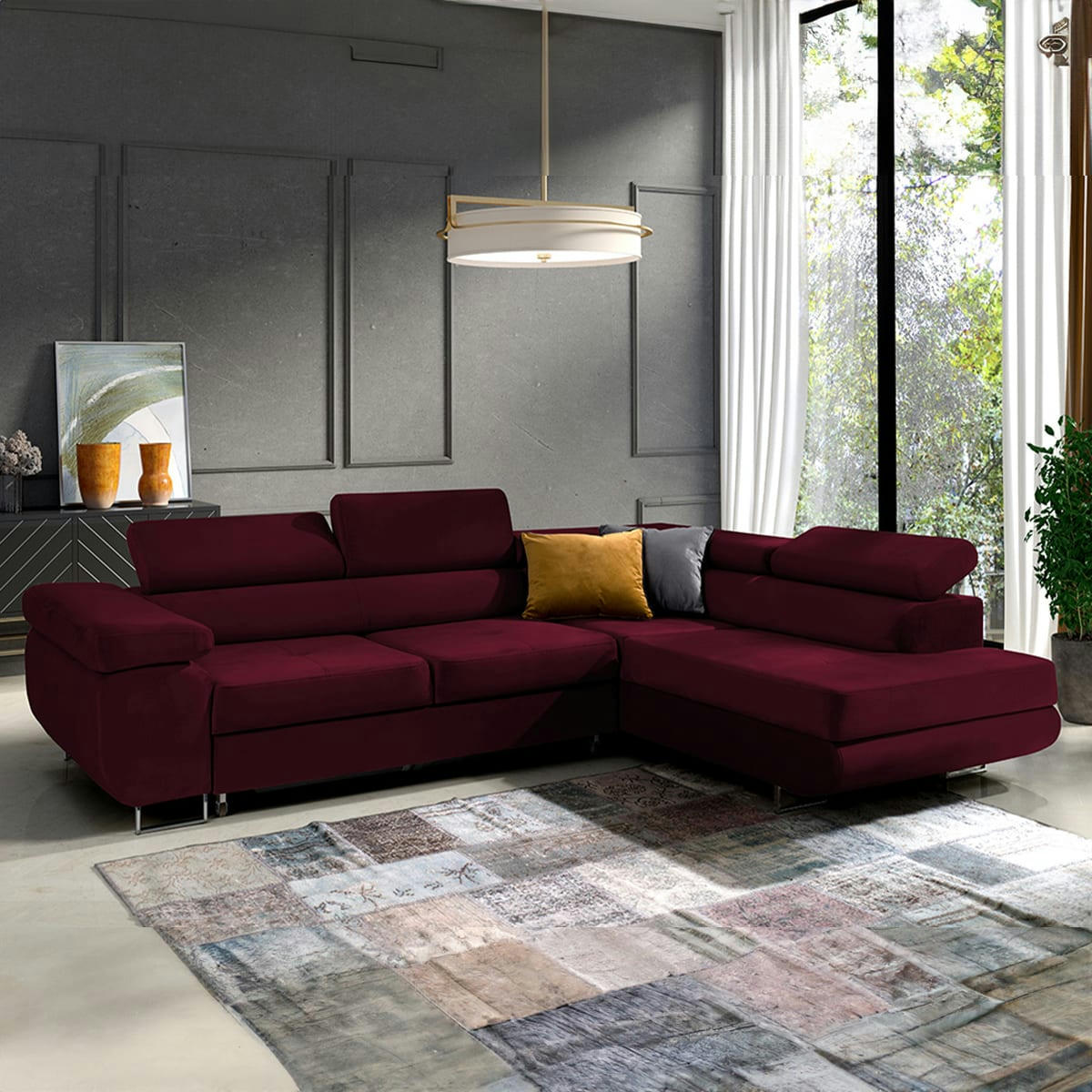 - Canapé d'angle convertible droit 4 places velours bordeaux