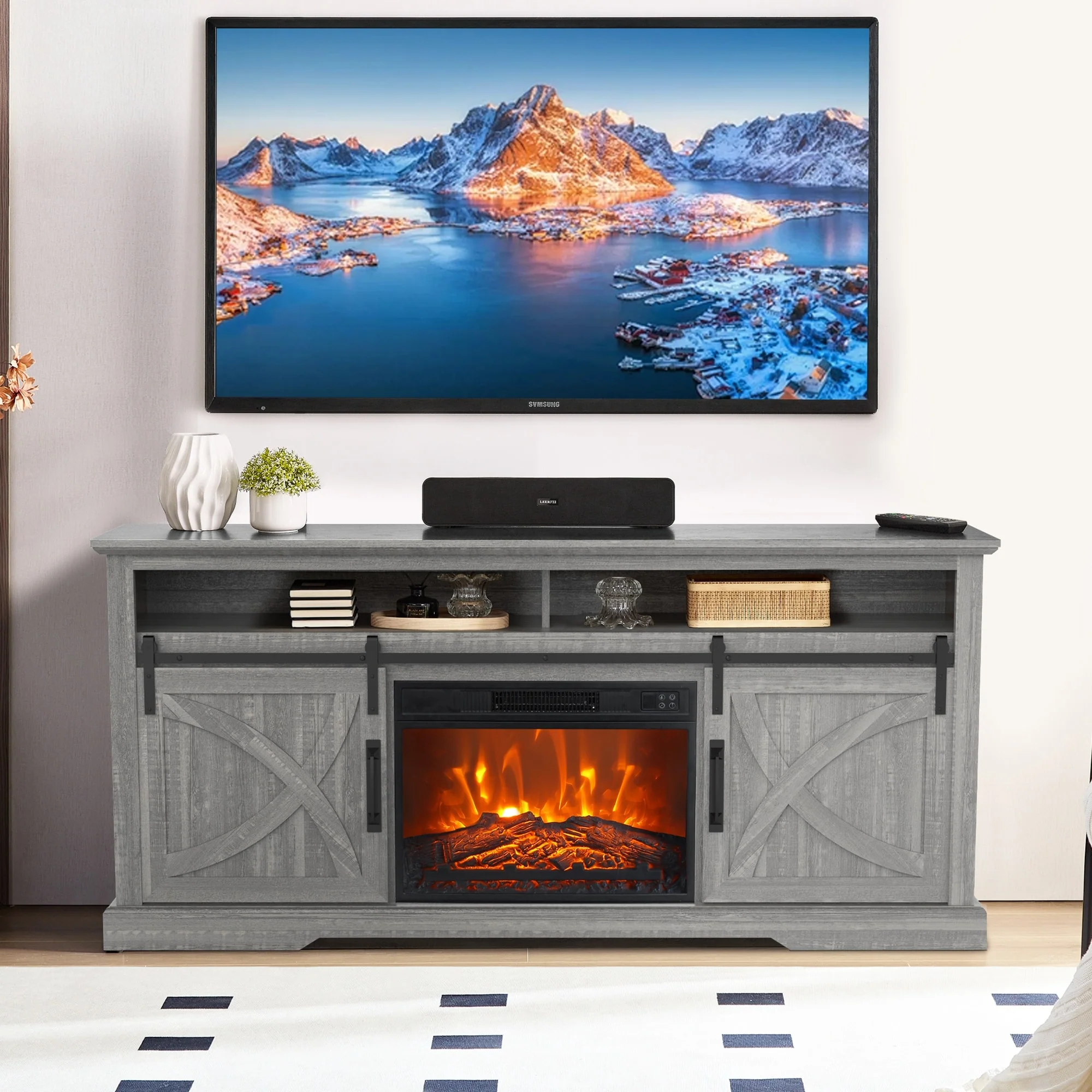 68 Farmhouse Grey Electric Fireplace TV Stands Console for 78-inch TV with Remote