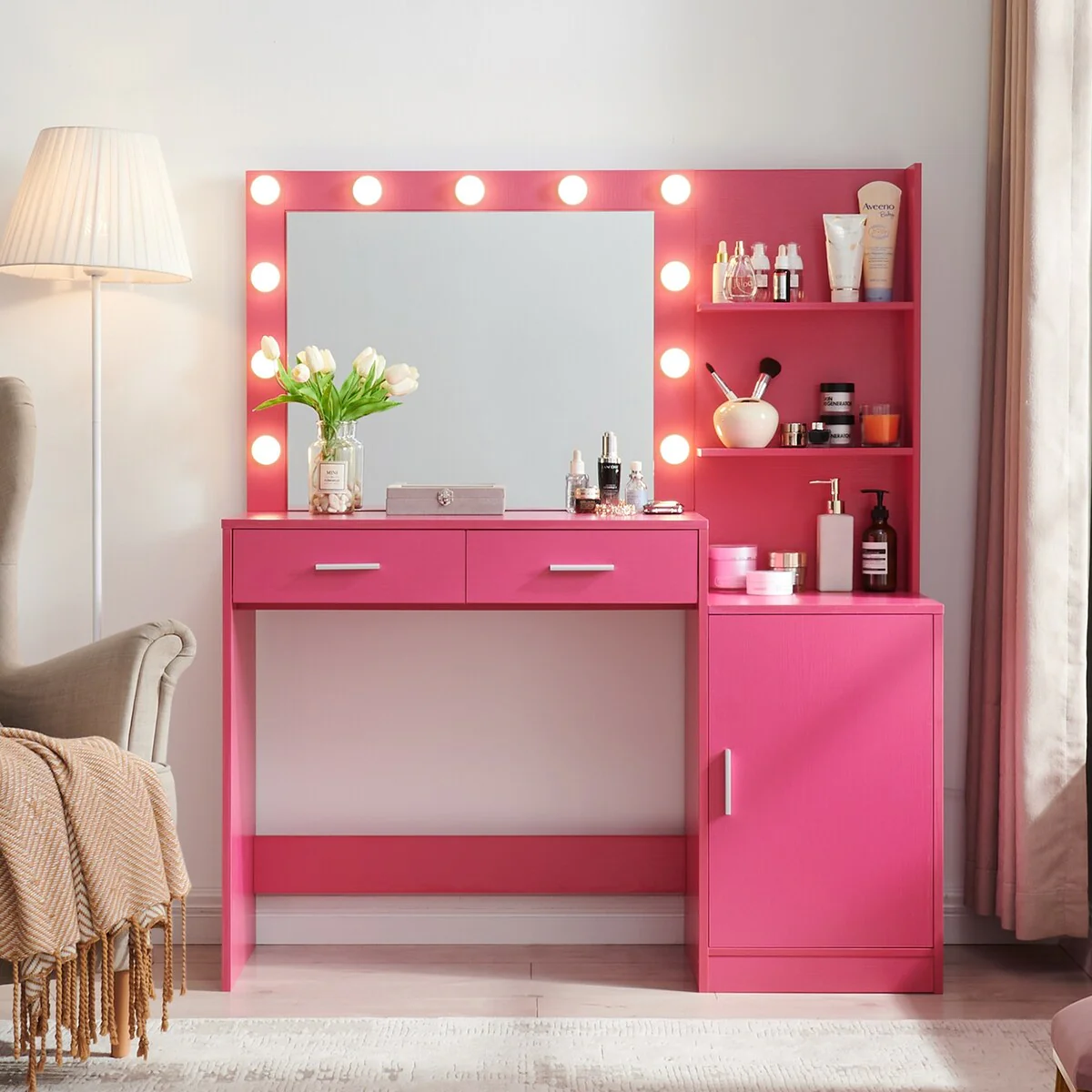 Modern Vanity Desk with Mirror, Lights and Storage
