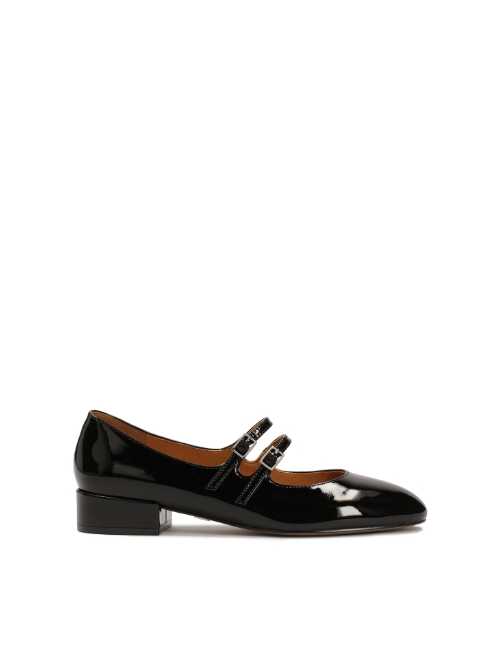 Patent leather black Mary Jane pumps with two straps