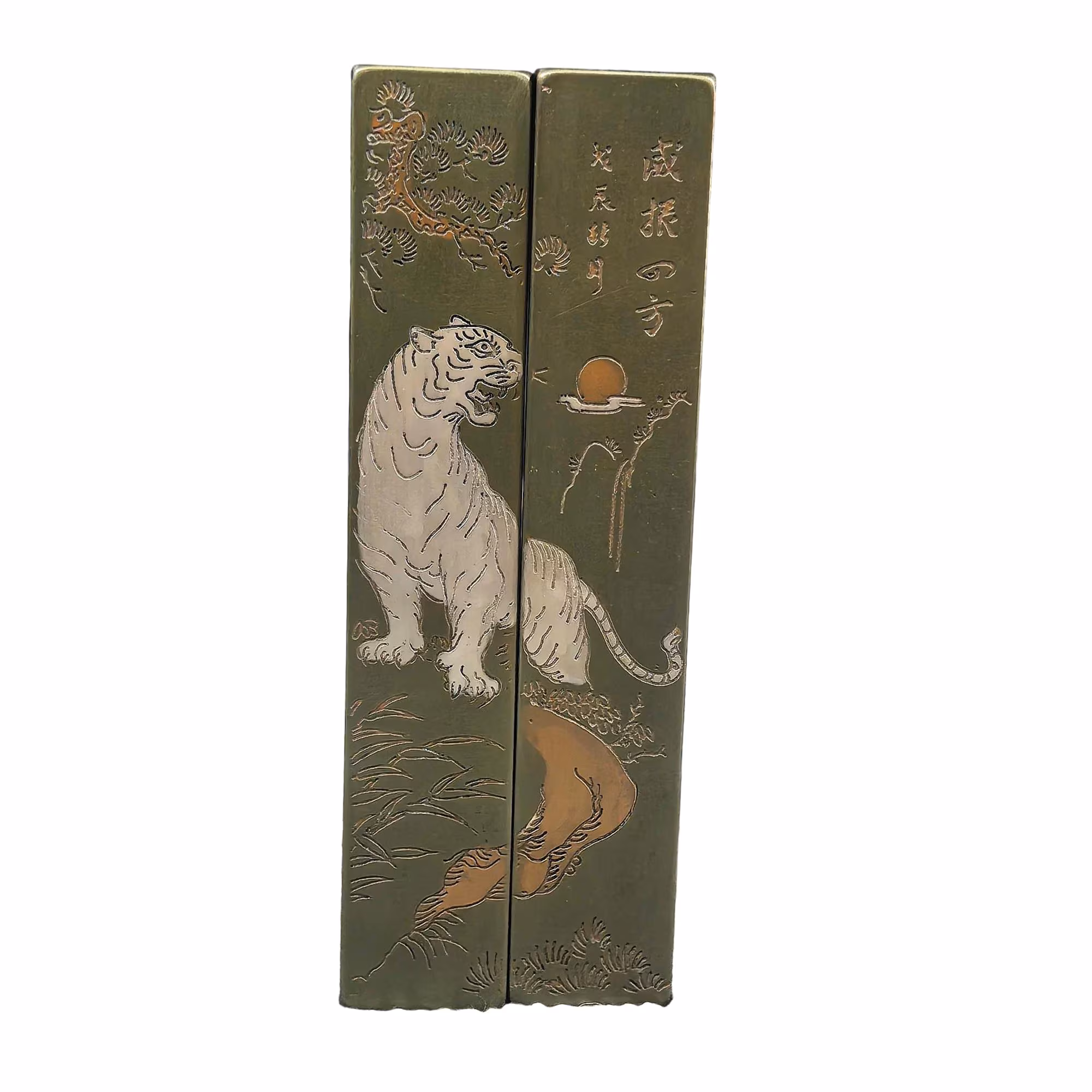 Vintage Bronze White Tiger Paperweight Set, Chinese Calligraphy Desk Decor & Zodiac Gift