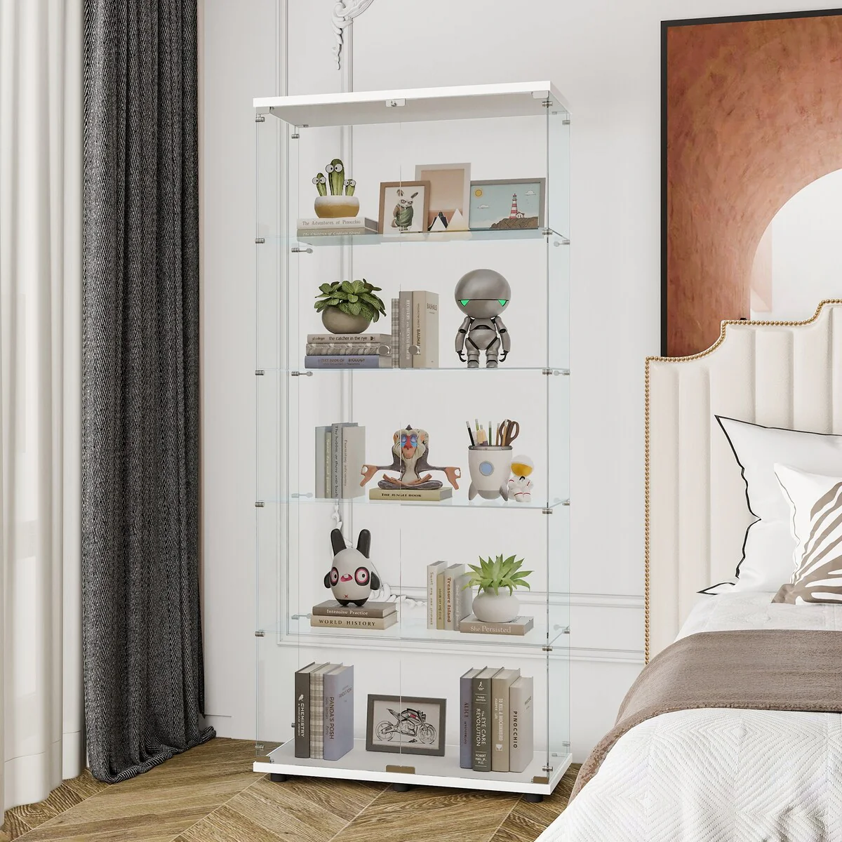 Glass Display Cabinet with 5 Shelves Double Door, Curio Cabinets，Floor Standing Glass Bookshelf, Quick Installation