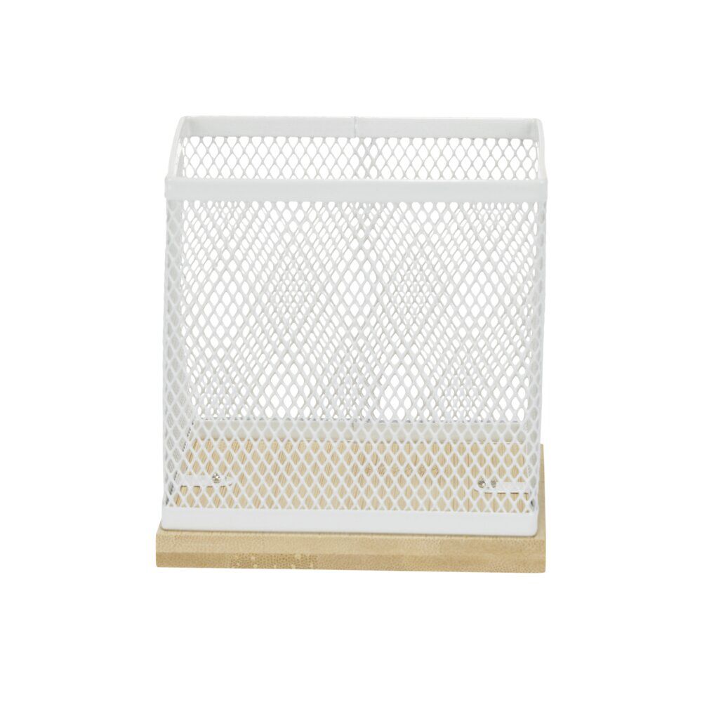 Pot à stylo bureau bambou et métal grillagé blanc 10x10x10cm