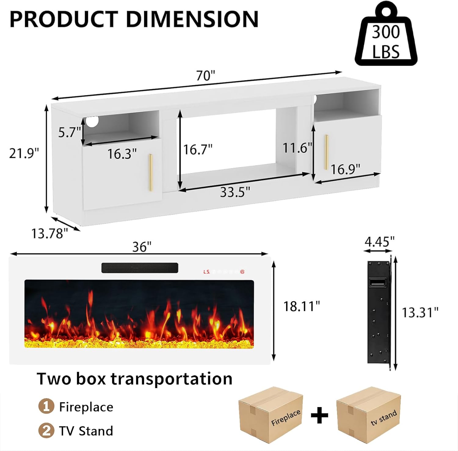 Fireplace TV Stand with 36 Fireplace Up to 80 TVs,70 Entertainment Center with LED Lights,Remote Control,TV Media Console with Storage Cabinets for Living Room, White+White
