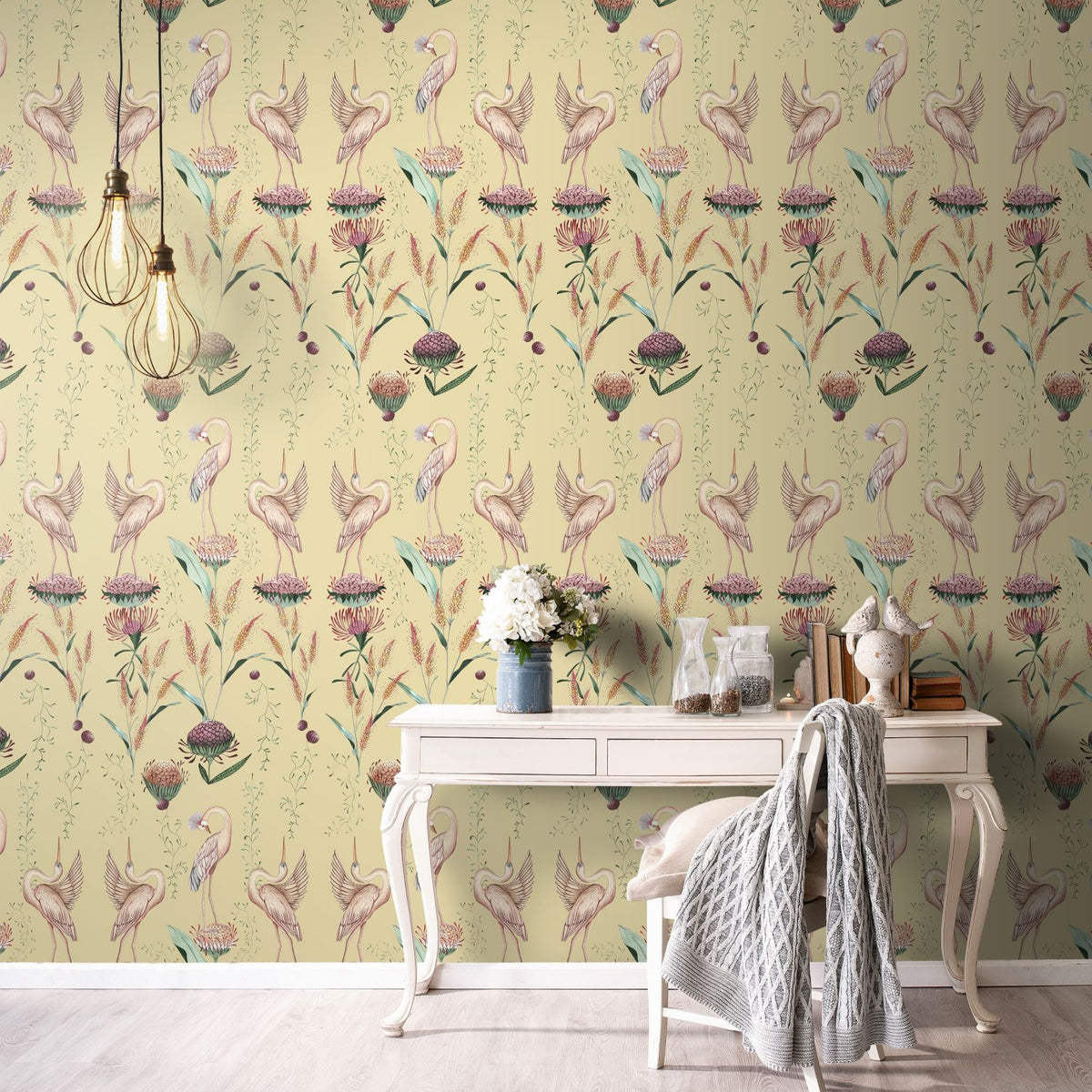 Walls4You behang kraanvogels geel en roze - 53 cm x 10 m - 640151