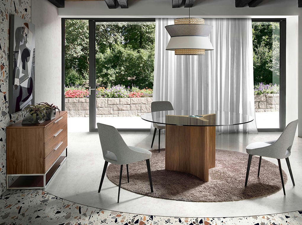 - Table de salle à manger effet bois noyer et verre