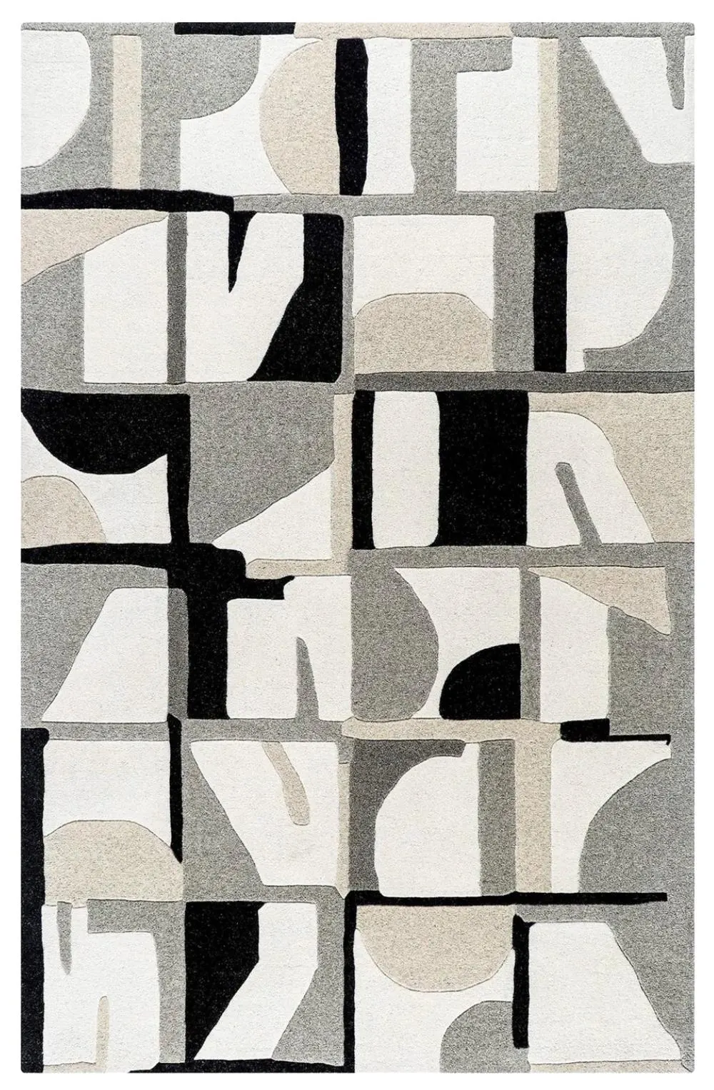 Hand-Tufted Wool Area Rug, Abstract Geometric Design, Neutral Cream Beige Black