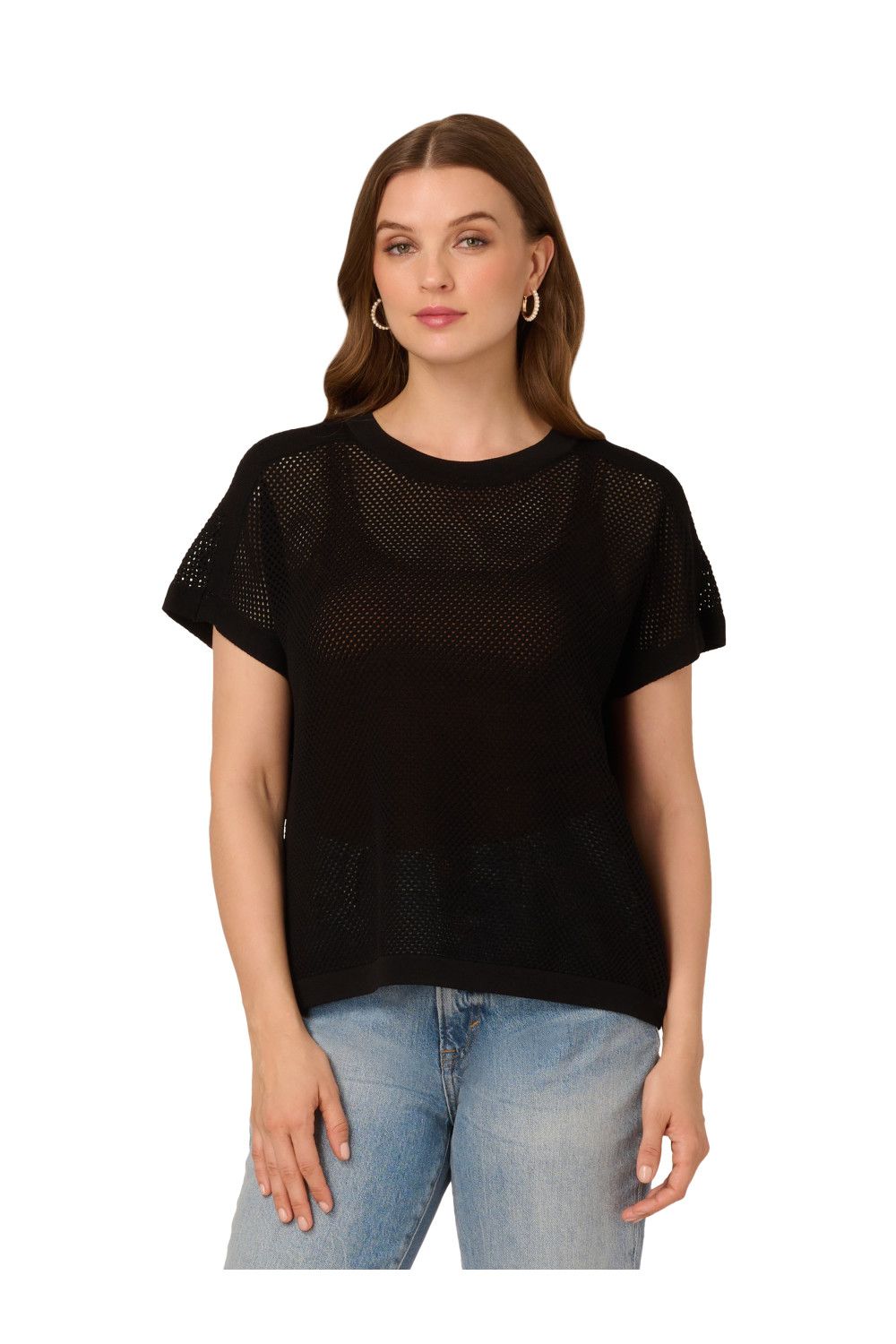 Adrianna Papell Crew Neck Mesh Stitch Pullover Dolman Sleeve Sweater