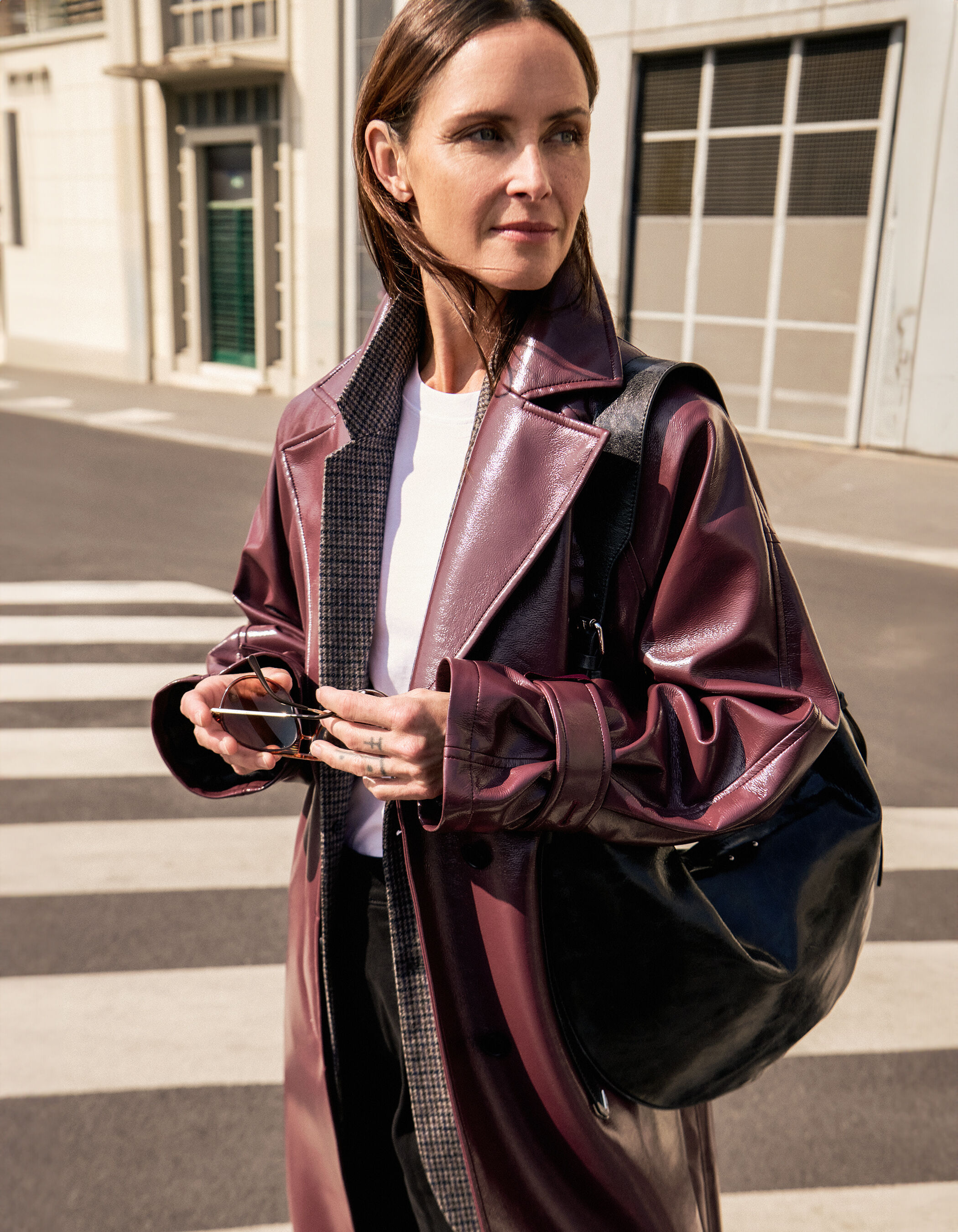 Sac demi-lune noir cuir glacé Allane Femme