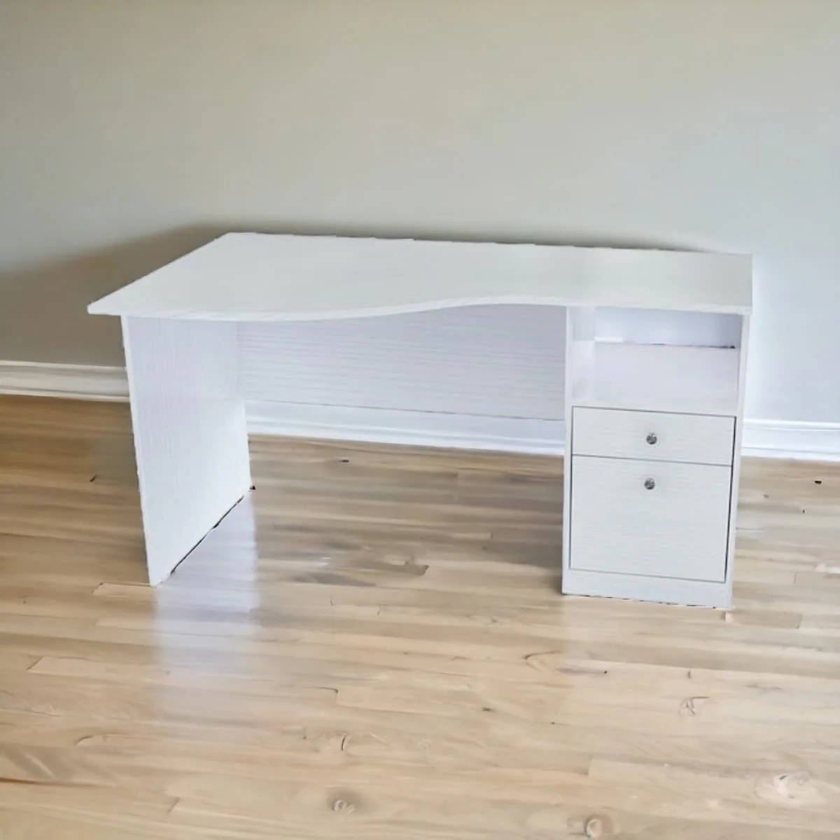 Modern 55-Inch White Office Desk with Pedestal Base and Hidden Storage Drawers for Organization