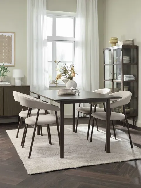 ALSTED L160 bord mørk eg + 4 EJSING stole beige/mørk eg