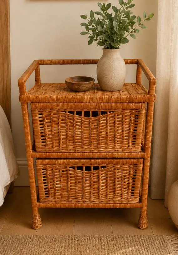 Woven Wicker Storage Cabinet With Two Drawers, Boho Dresser, Small Willow Chest of Drawers, Rattan Bedroom Nightstand Rustic Decor Organizer