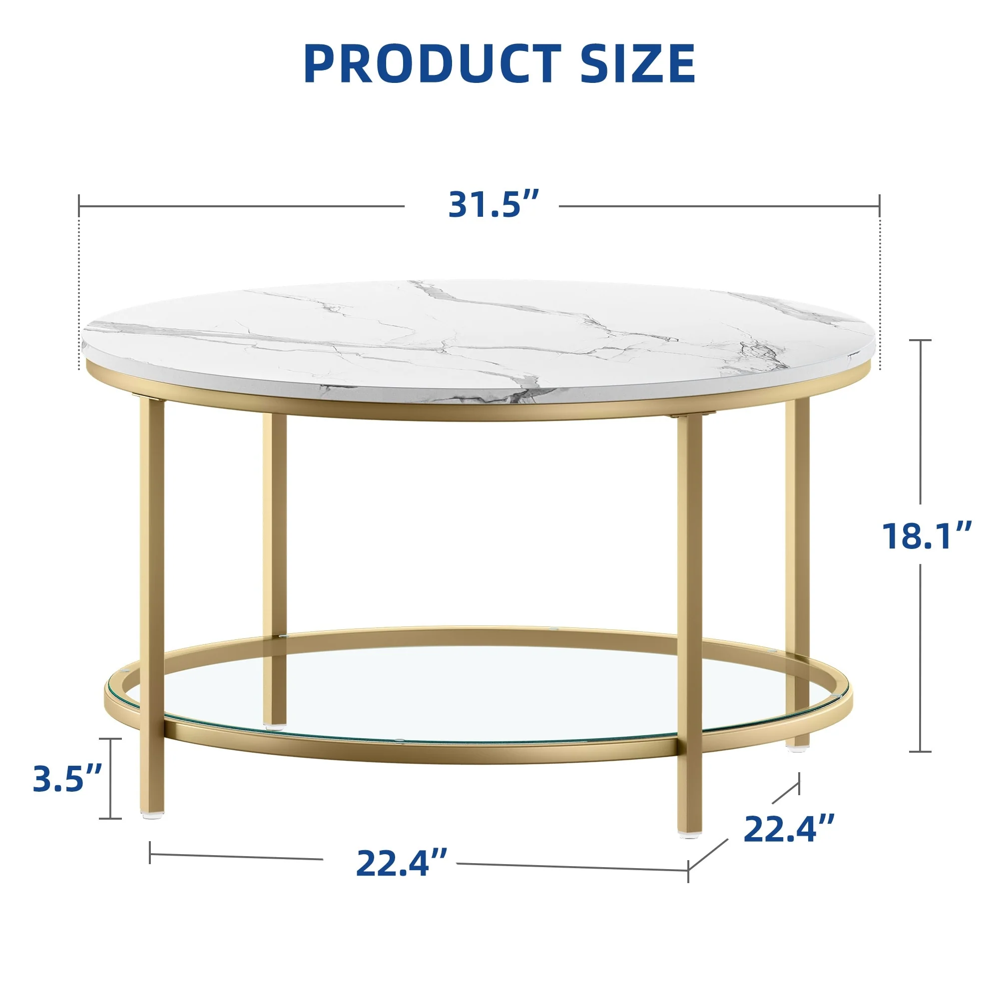 White Marble Pattern Round Coffee Table with Glass 2-Tier Circle Gold Frame