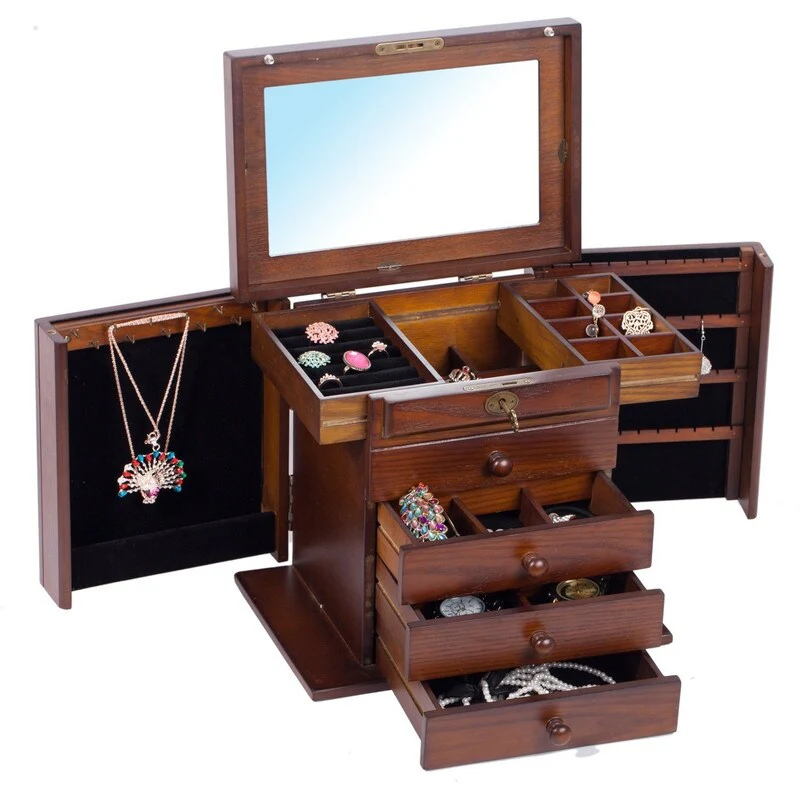 extra Large Wooden Jewelry Box/Jewel Case Cabinet Armoire Ring Necklacel Gift Storage Box Organizer (Brown) - ‎8D x 12W x 11H