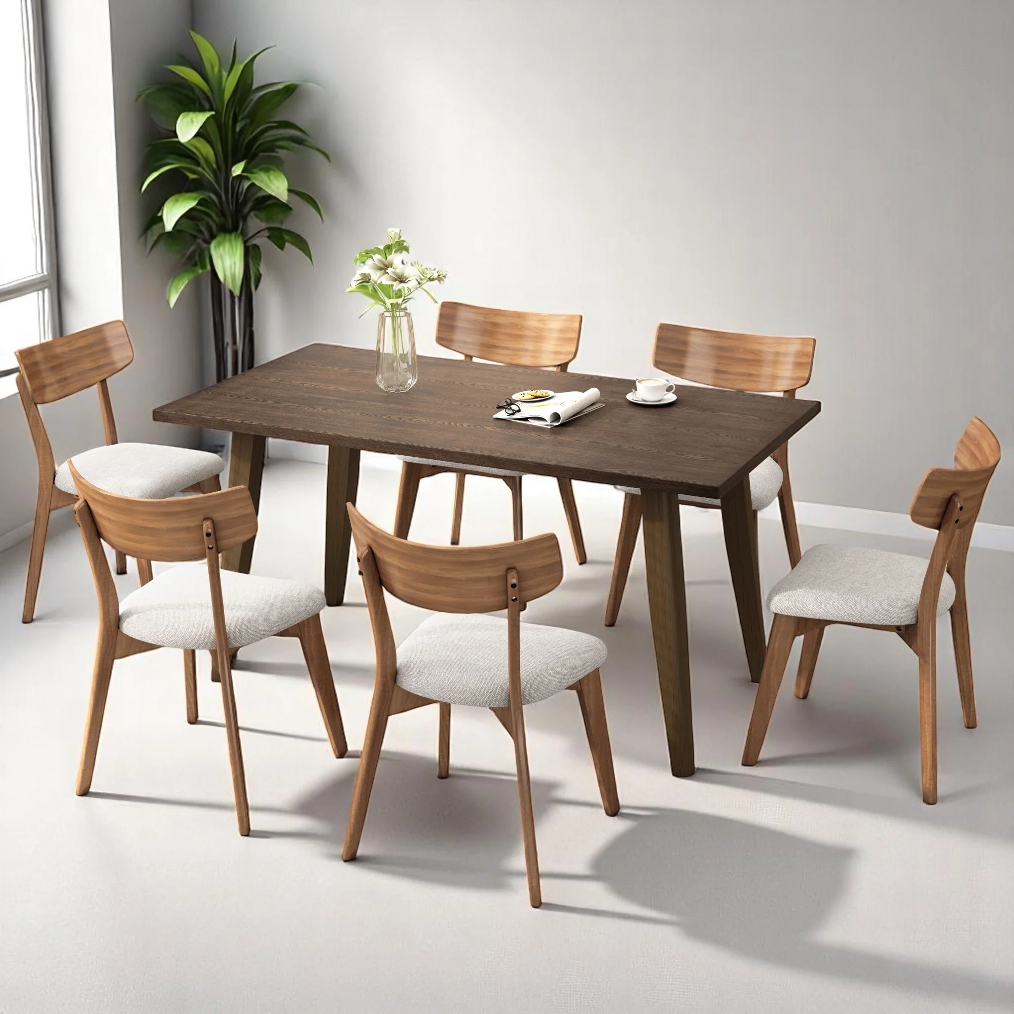 7-Piece Mid-Century Dining Set with 6 Upholstered Chairs and Wood Dining Table for Dining Room or Kitchen, Rubberwood Frame