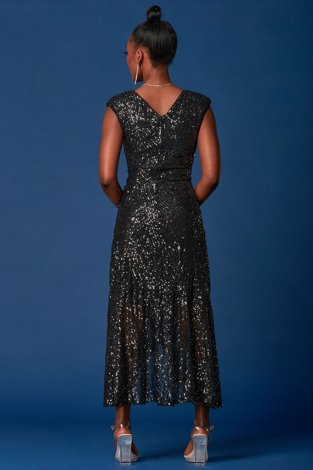 Jolie Moi Sequin Wrap Ruffle Hem Maxi Dress
