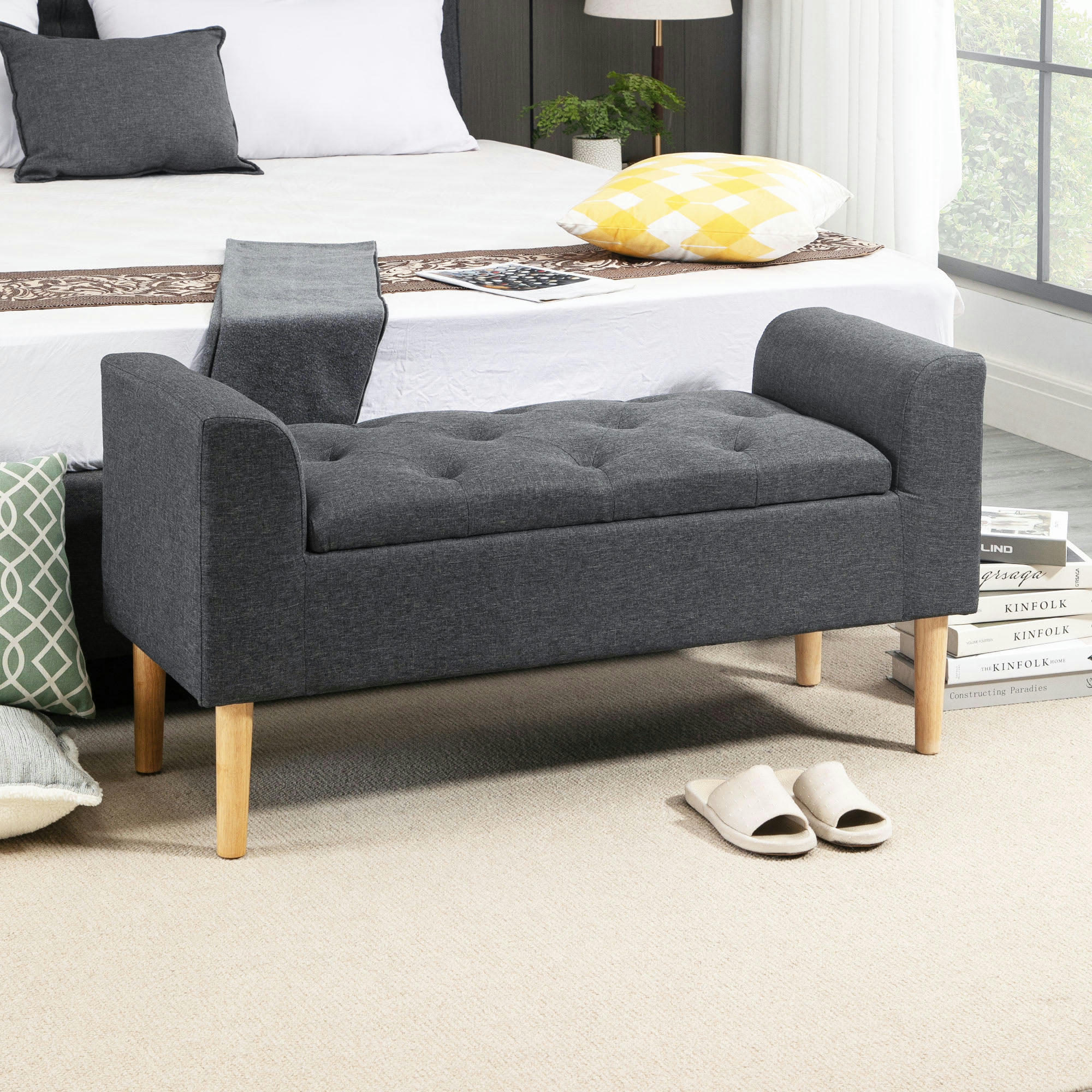 - Banquette coffre rangement 2 en 1 style Chesterfield aspect lin gris