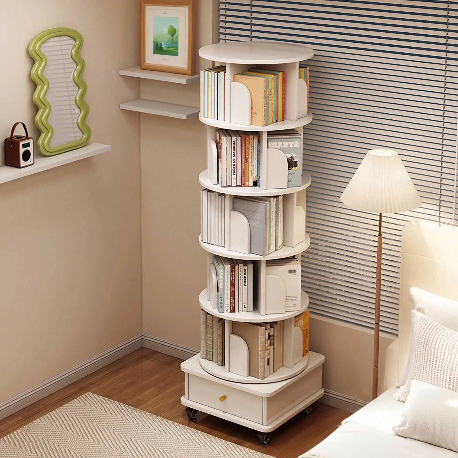 360° Rotating Bookcase‌ - Space-Saving Spinning Shelf with Wheels & Storage Drawer (For Bedroom/Living Room/Office).