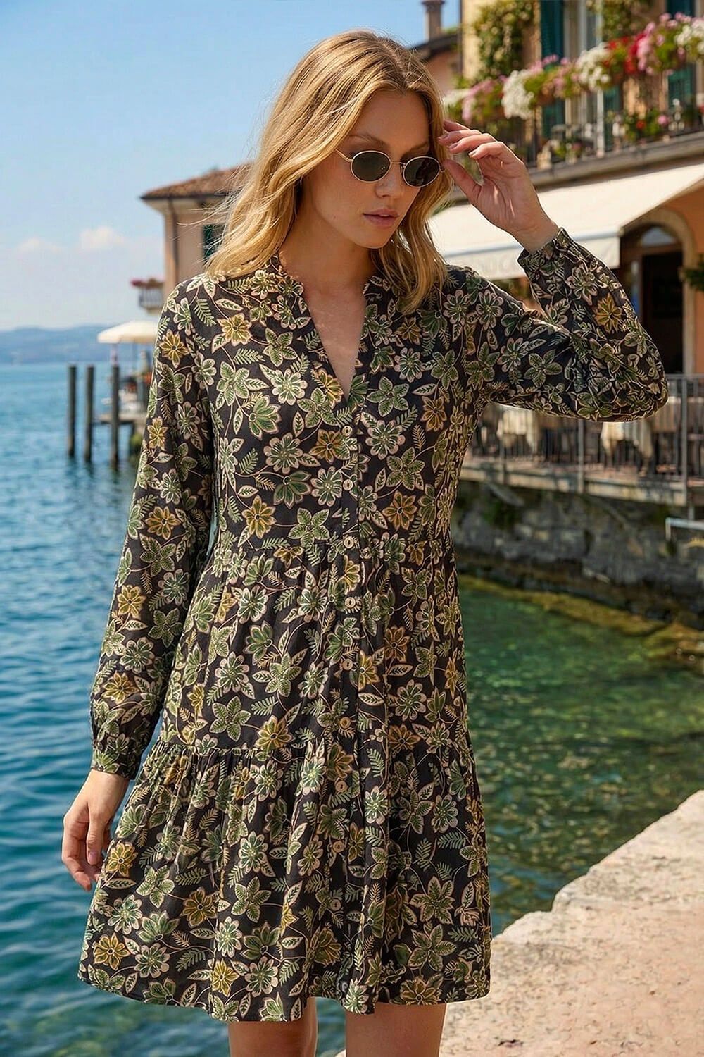 Roman Floral Print Button Stretch Dress