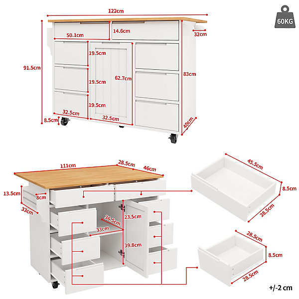 Îlot de cuisine moderne, 122x74,5x91,5 cm, avec plan de travail rabattable, chariot de cuisine à roulettes, 8 tiroirs, blanc