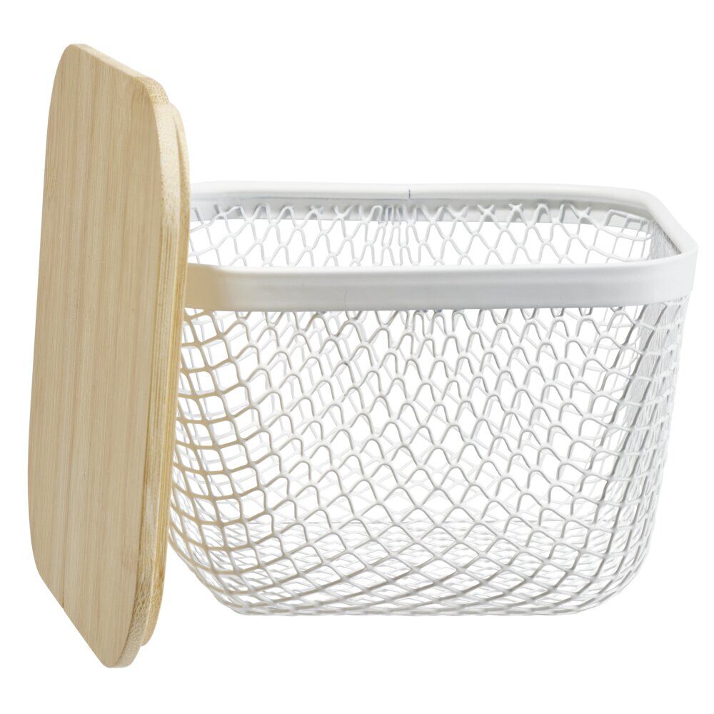 Corbeille cuisine 2L métal grillagé blanc avec couvercle bambou 15x15xH11cm